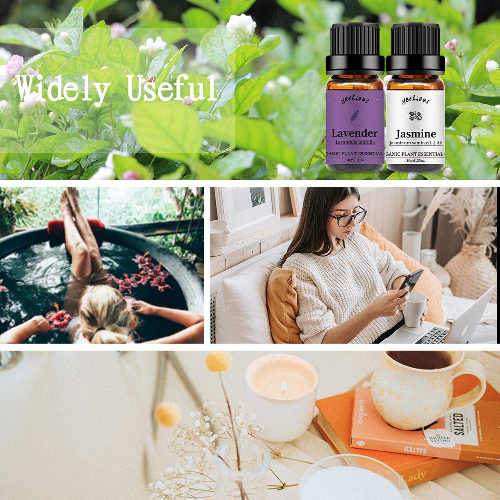 Organic Pure Jasmine & Lavender Essential Oil Set - 100% Natural Aromatherapy Oils for Diffusers, Massage, Relaxation & Stress Relief - Perfect for Home Spa, Yoga & Meditation