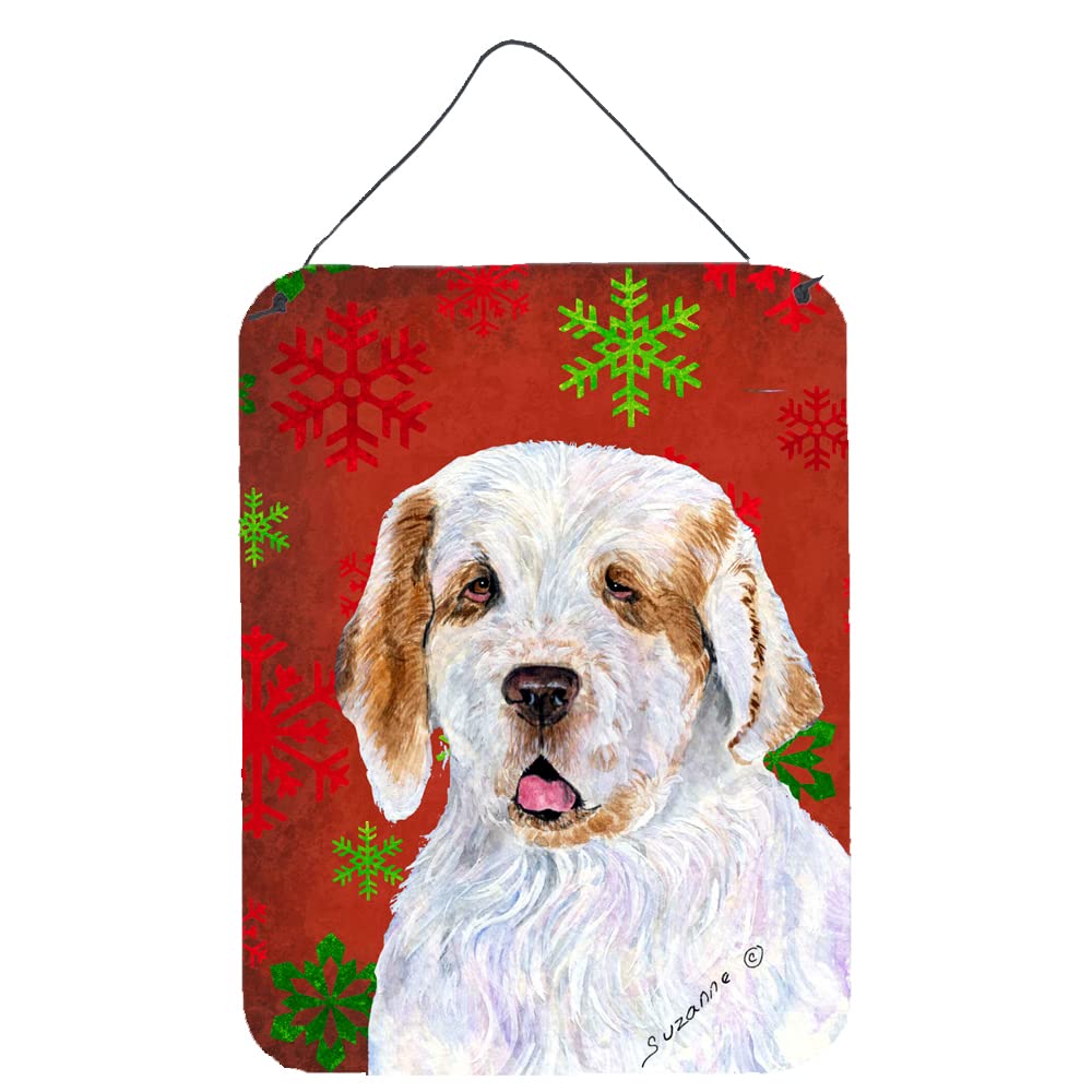 Caroline's Treasures Clumber Spaniel Red & Green Snowflakes Holiday Christmas Metal Wall Sign - Aluminum Kitchen, Bar, Bathroom Decor - Perfect for Front Door, Home & Office Holiday Decoration