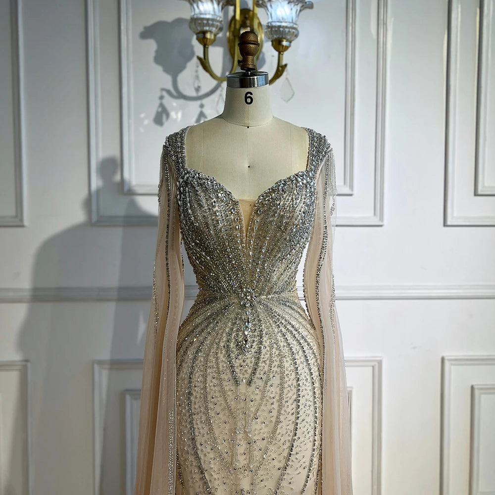 Elegant Beige Beaded Evening Dress with Cape Sleeves - LA72992 | Formal Gown for Prom, Wedding & Special Occasions