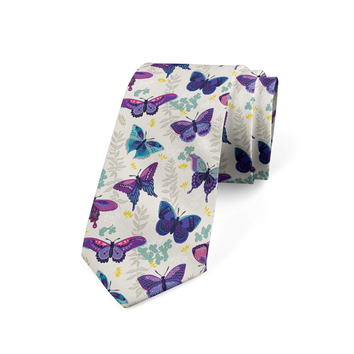 Ambesonne Men's Silk Tie - Ornate Insects & Plants Design, 3.7