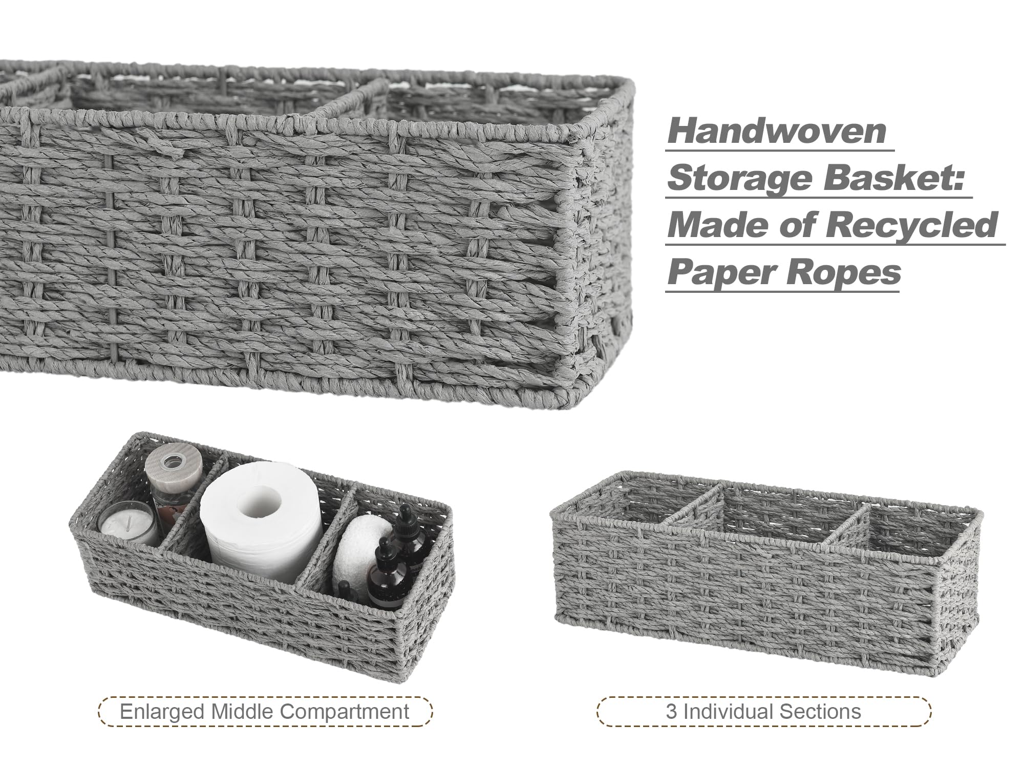StorageWorks 3-Section Wicker Baskets for Shelves | Hand-Woven Round Paper Rope Storage Baskets (Gray, 2-Pack) | Perfect for Home Organization, Bathroom & Closet Storage