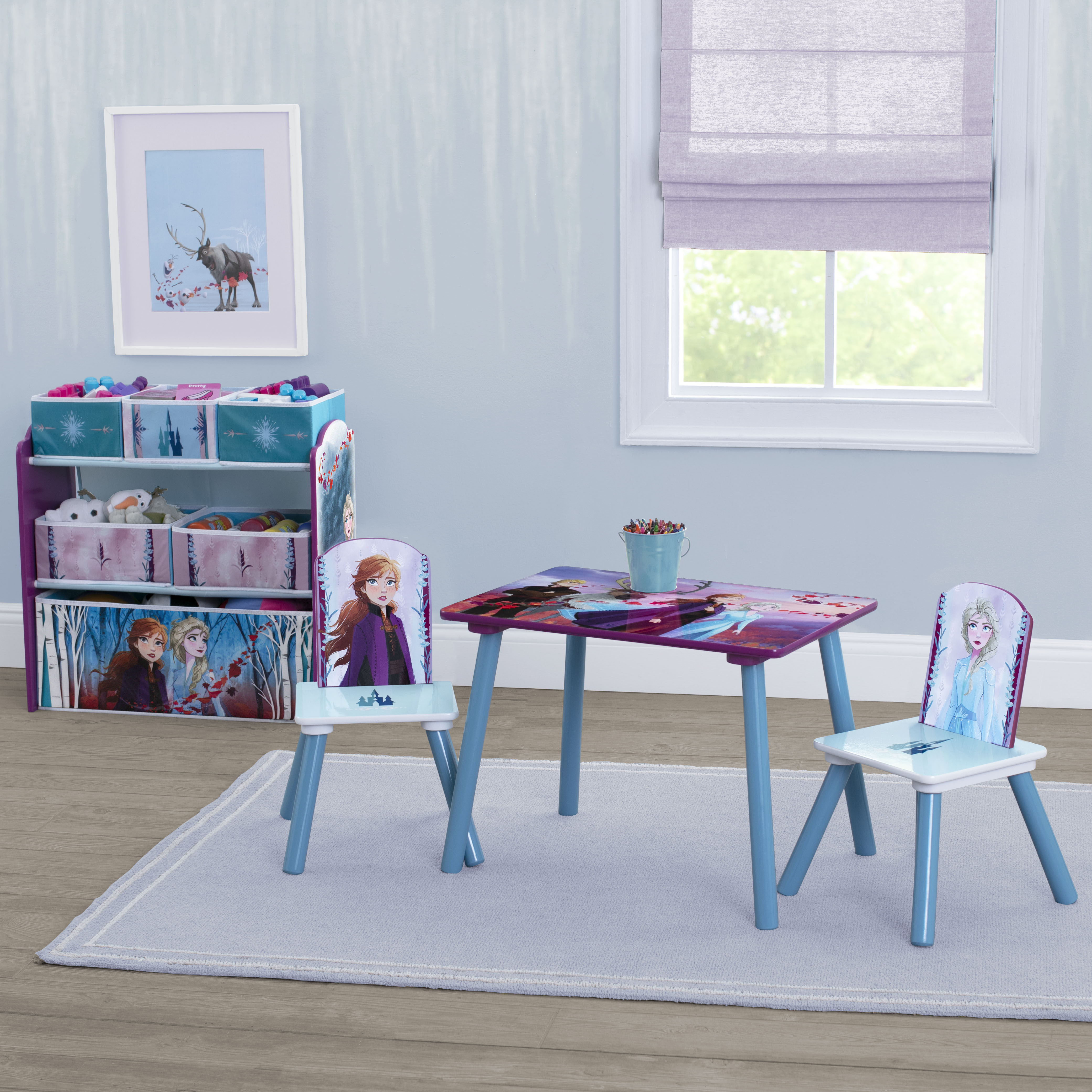 Disney Frozen 2 Kids Playroom Set - 4 Piece Table & 2 Chairs with 6 Bin Toy Storage Organizer for Toddler Girls Bedroom & Play Area