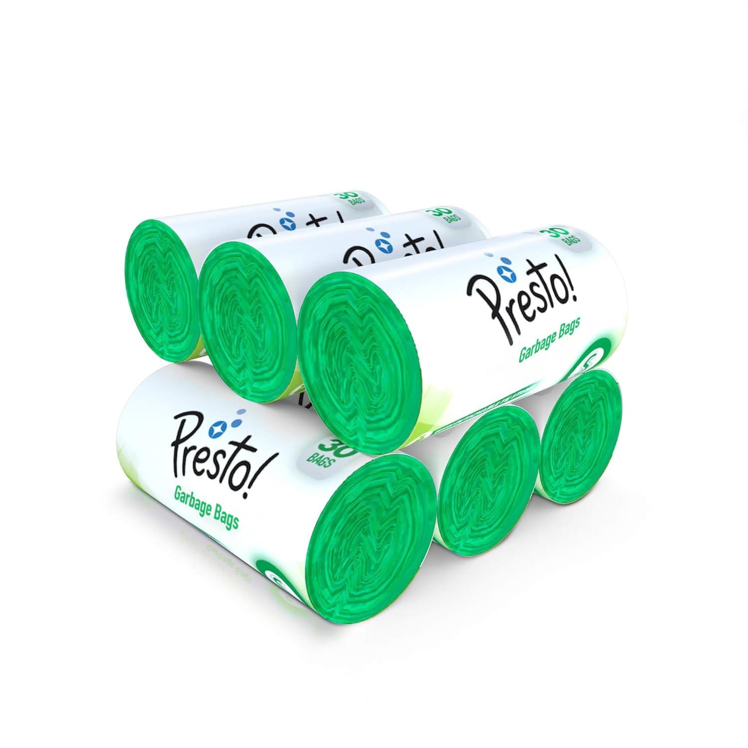 Presto! Small Green Garbage Bags - 180 Count (30 Bags x 6 Rolls) | 17x19 Inch Trash Bags for Wet Waste | Kitchen, Bathroom & Office Use | Durable & Leak-Proof