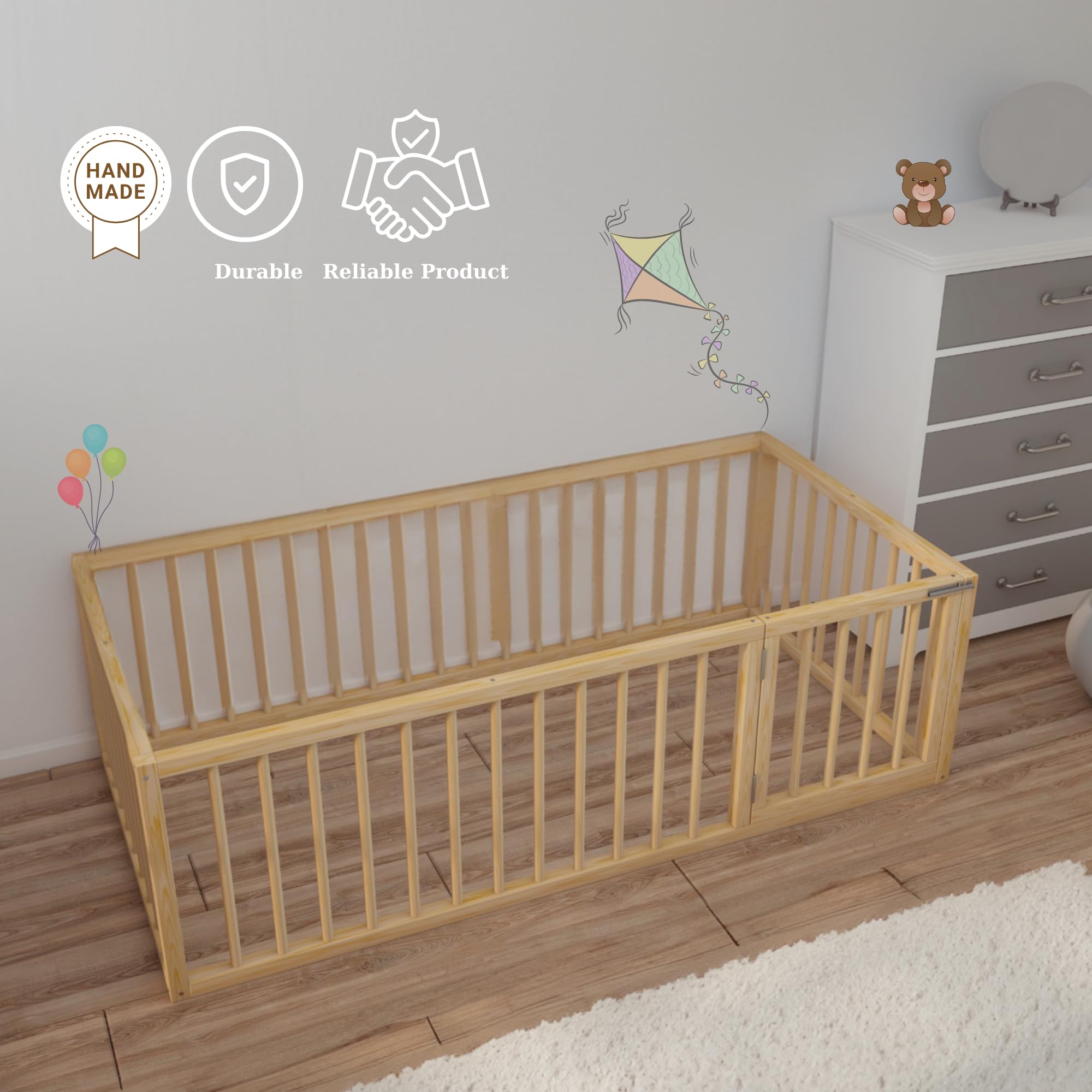Montessori Floor Bed for Toddlers - Solid Pine Wood Frame with Right Side Door - Sturdy Modern Design for Boys & Girls (19