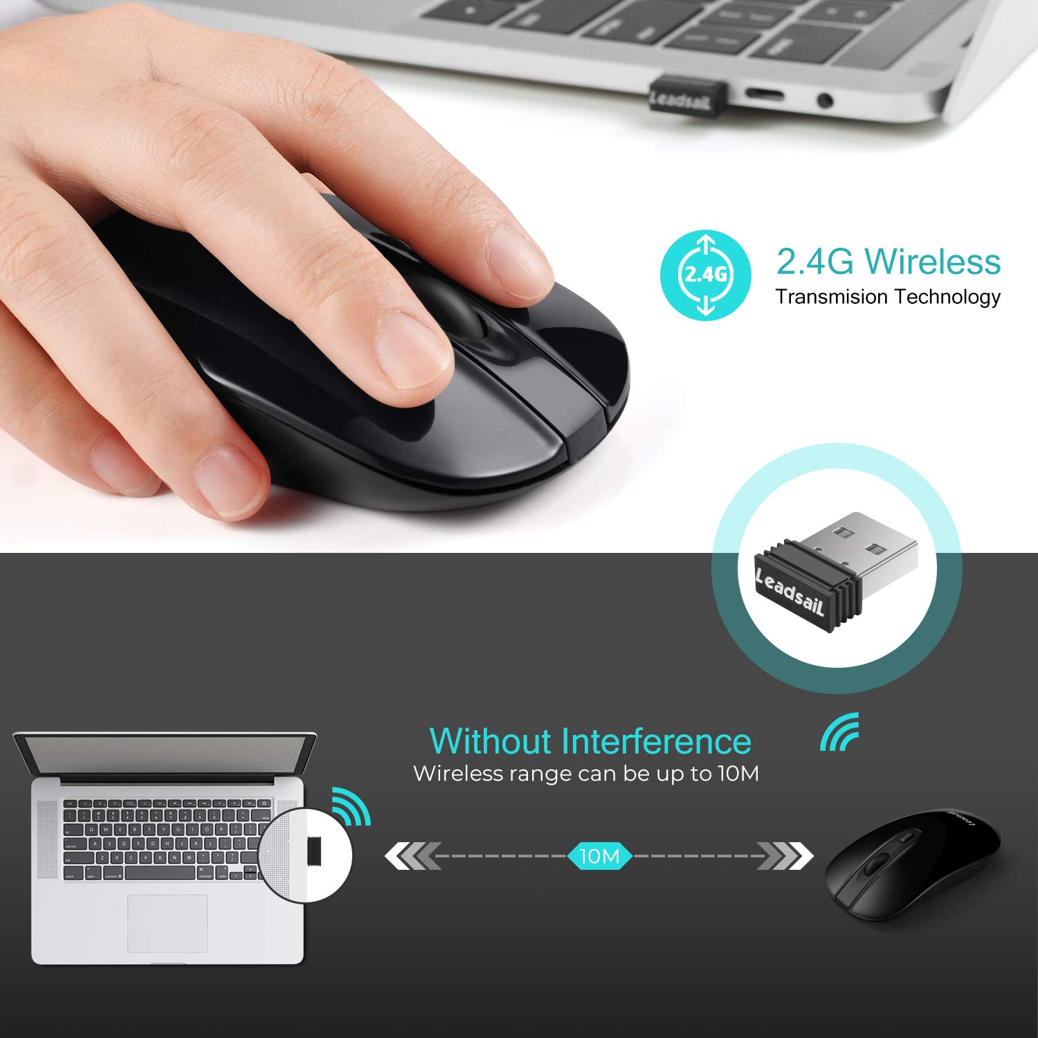 LeadsaiL Wireless Computer Mouse - 2.4G Slim Silent USB Mouse with 3 Adjustable DPI & 4 Buttons, Cordless Optical Mouse for Laptop, PC, Mac, Windows - Perfect for Office, Home, Gaming & Travel Use