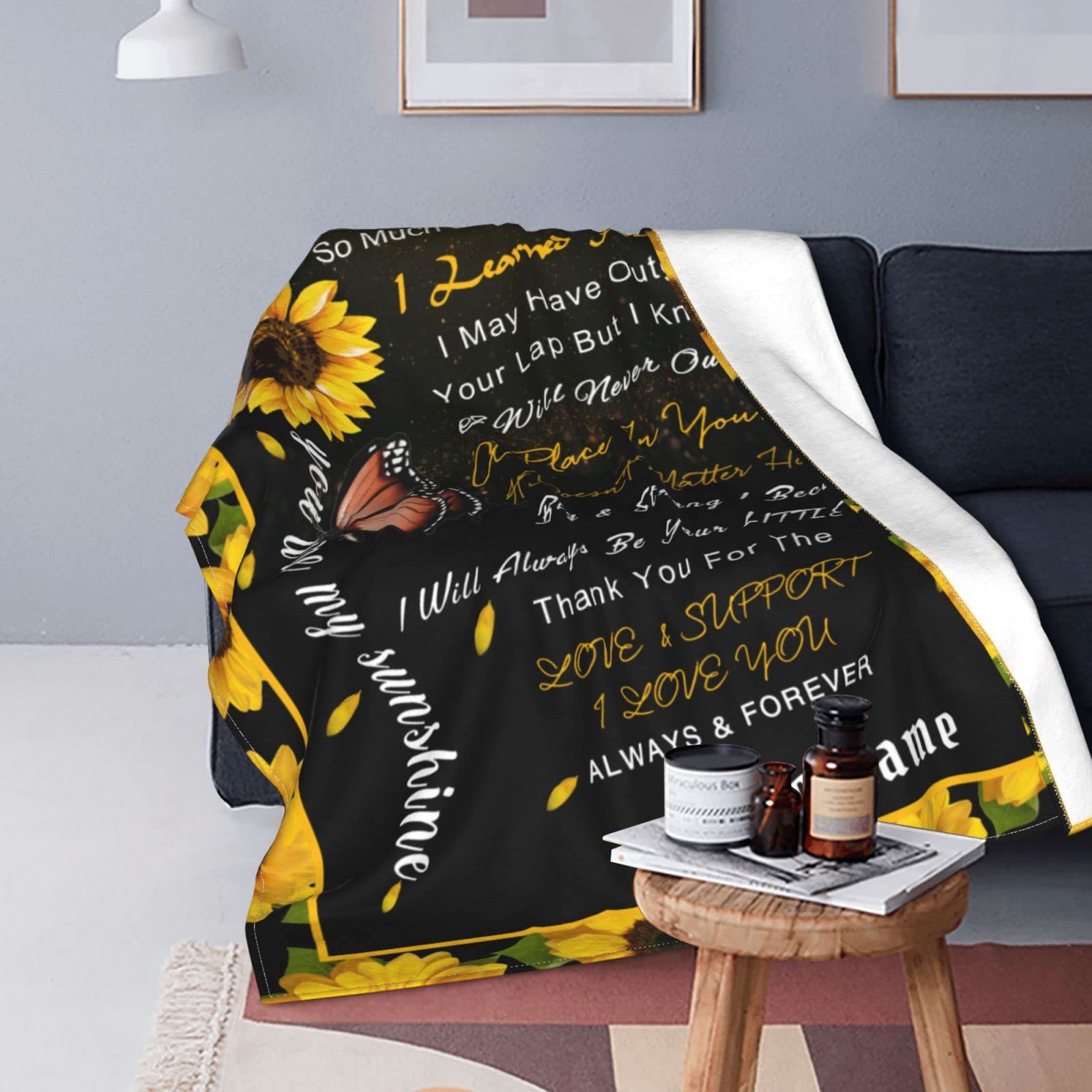 Personalized Custom Name Blanket - Love Letter to Mom from Son & Daughter - Butterfly & Sunflower Design - 40x50 Inches Bed Throw - Perfect Gift for Mother's Day, Birthday & Christmas