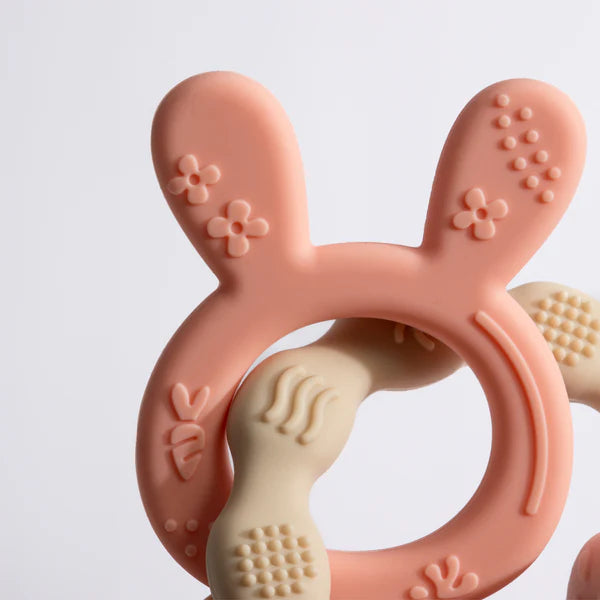 Soft Silicone Bunny Teether Rings for Babies - BPA-Free, Soothing Pink Chew Toy for Teething Infants - Perfect for On-the-Go, Playtime & Nursery Use