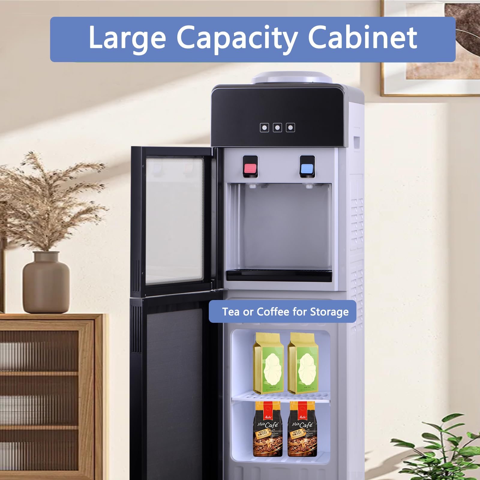 Premium 3-5 Gallon Top-Loading Hot & Cold Water Cooler Dispenser - Luxury Design with Storage Cabinet & Glass Door for Home, Office & School - Grey - Perfect for Kitchens, Break Rooms & Dormitories