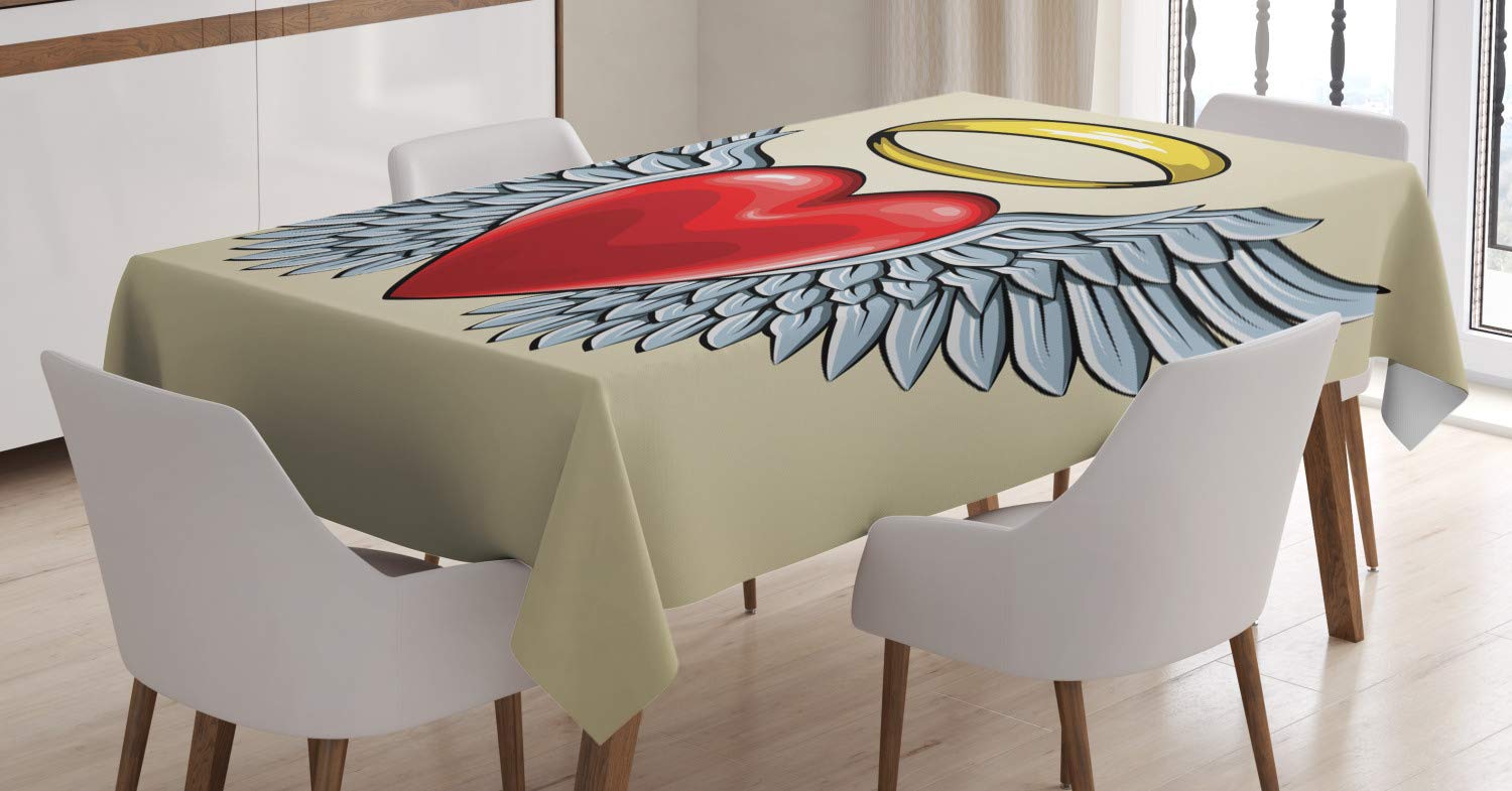 Ambesonne Angel Wings Tablecloth - Valentine's Day Heart Love Romance Design, 60x84 Inch Rectangular Table Cover for Dining Room & Kitchen - Pale Azure Blue Scarlet Beige | Perfect for Romantic Dinners, Anniversary Celebrations & Holiday Decor