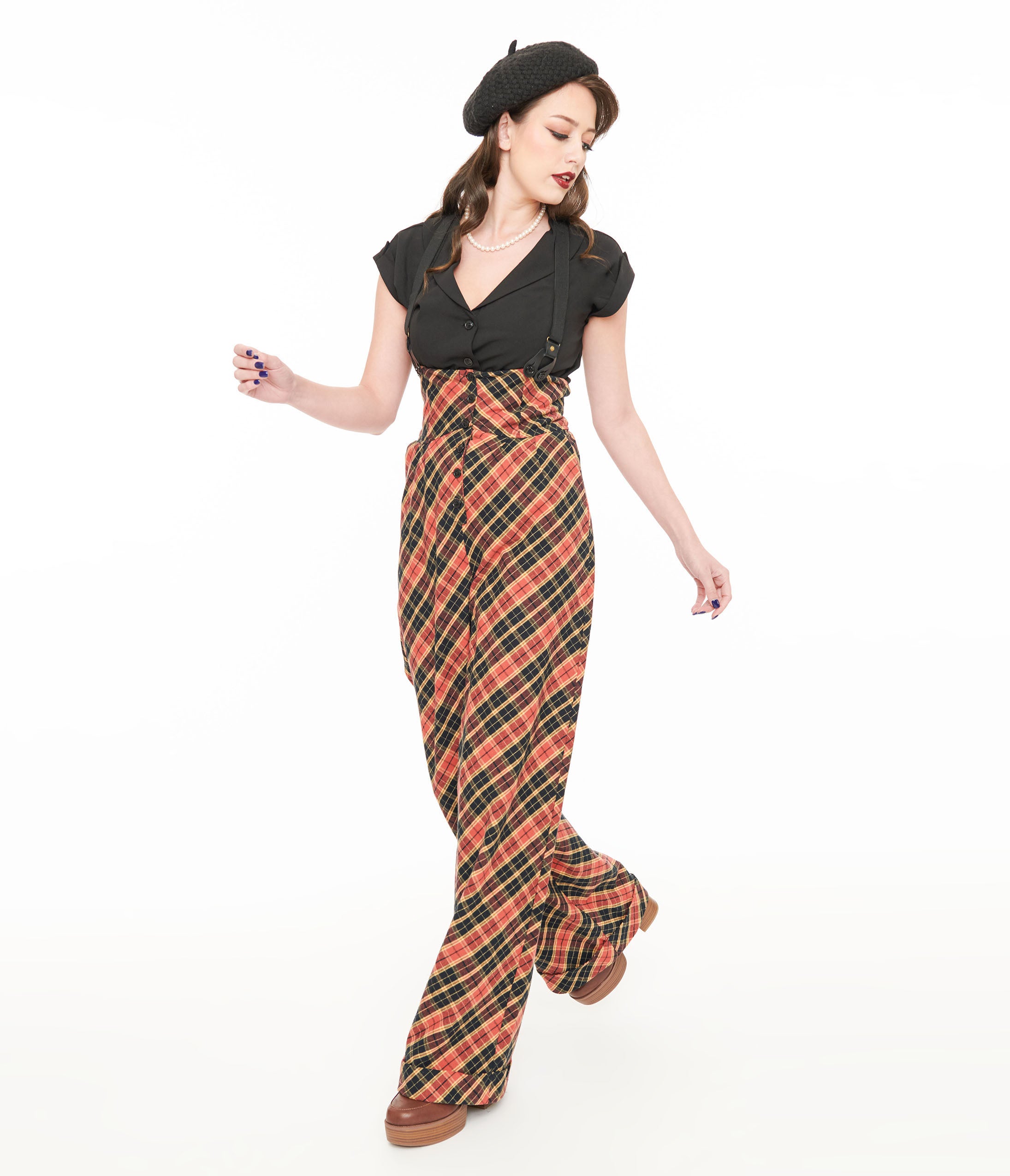 Vintage 1930s Thelma High-Waisted Suspender Pants in Black & Rust Plaid - Retro Fashion for Women, Perfect for Themed Parties, Cosplay, and Vintage Style Outfits