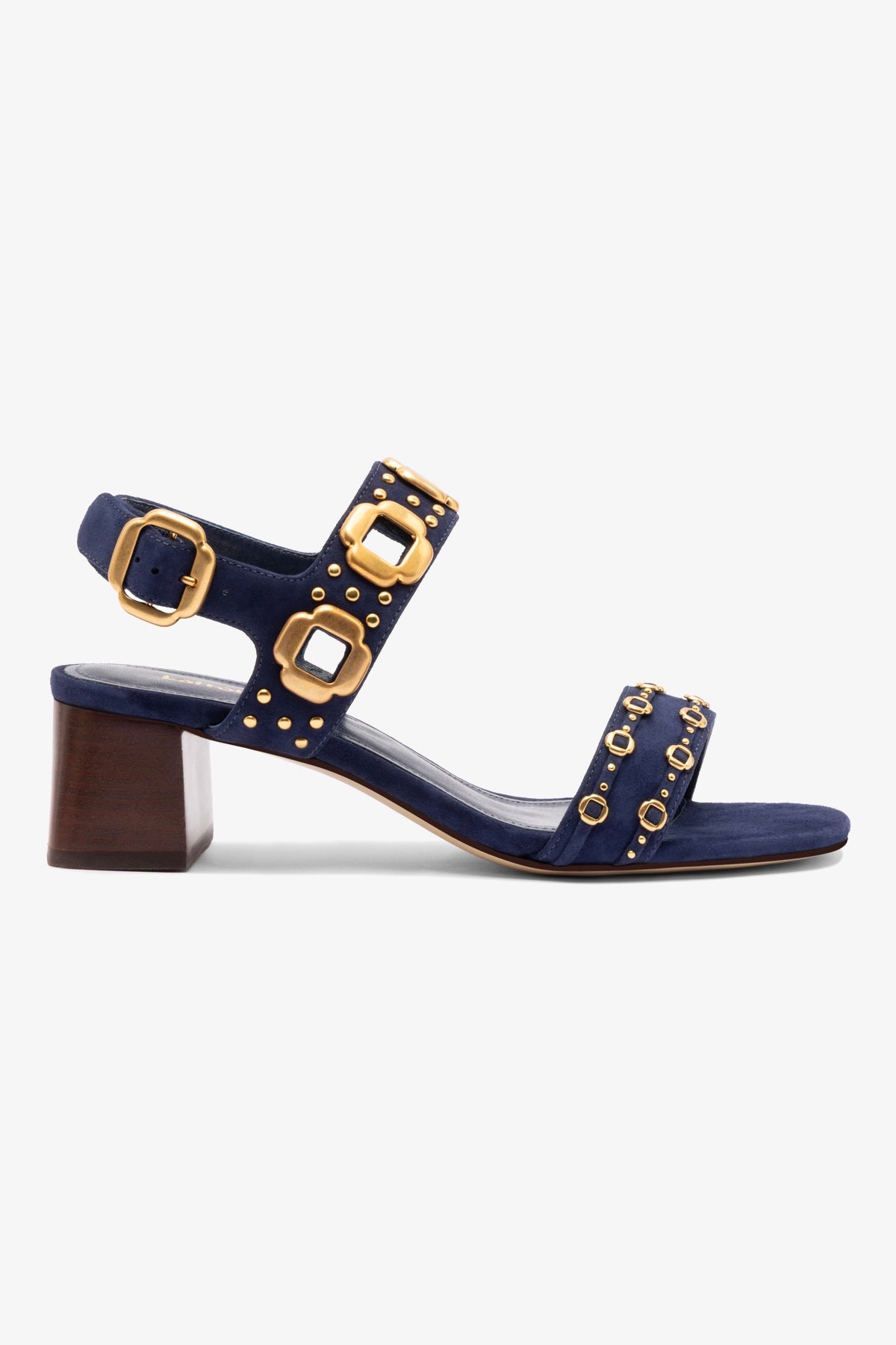 Milan Studs Block Heel Sandals for Women - Navy Blue Suede Shoes | Comfortable & Stylish for Casual Outings, Parties & Office Wear