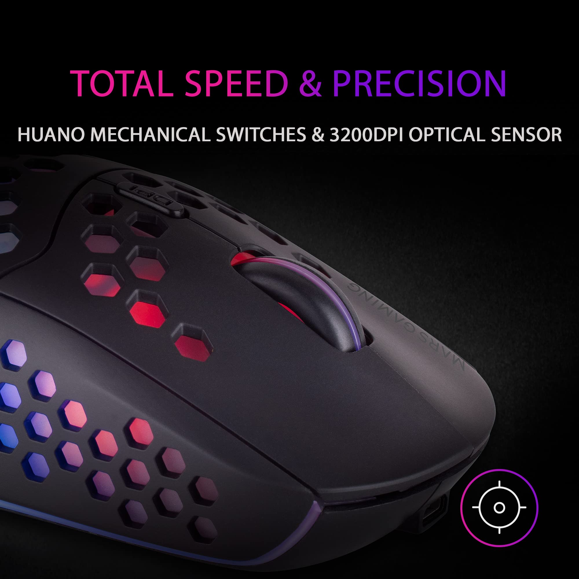 Mars Gaming MMW3 Wireless Gaming Mouse - RGB Flow Lighting, Ultra Lightweight 79g, 3200 DPI Adjustable, Ergonomic Design - Perfect for PC Gaming, Esports & Office Work (Black)