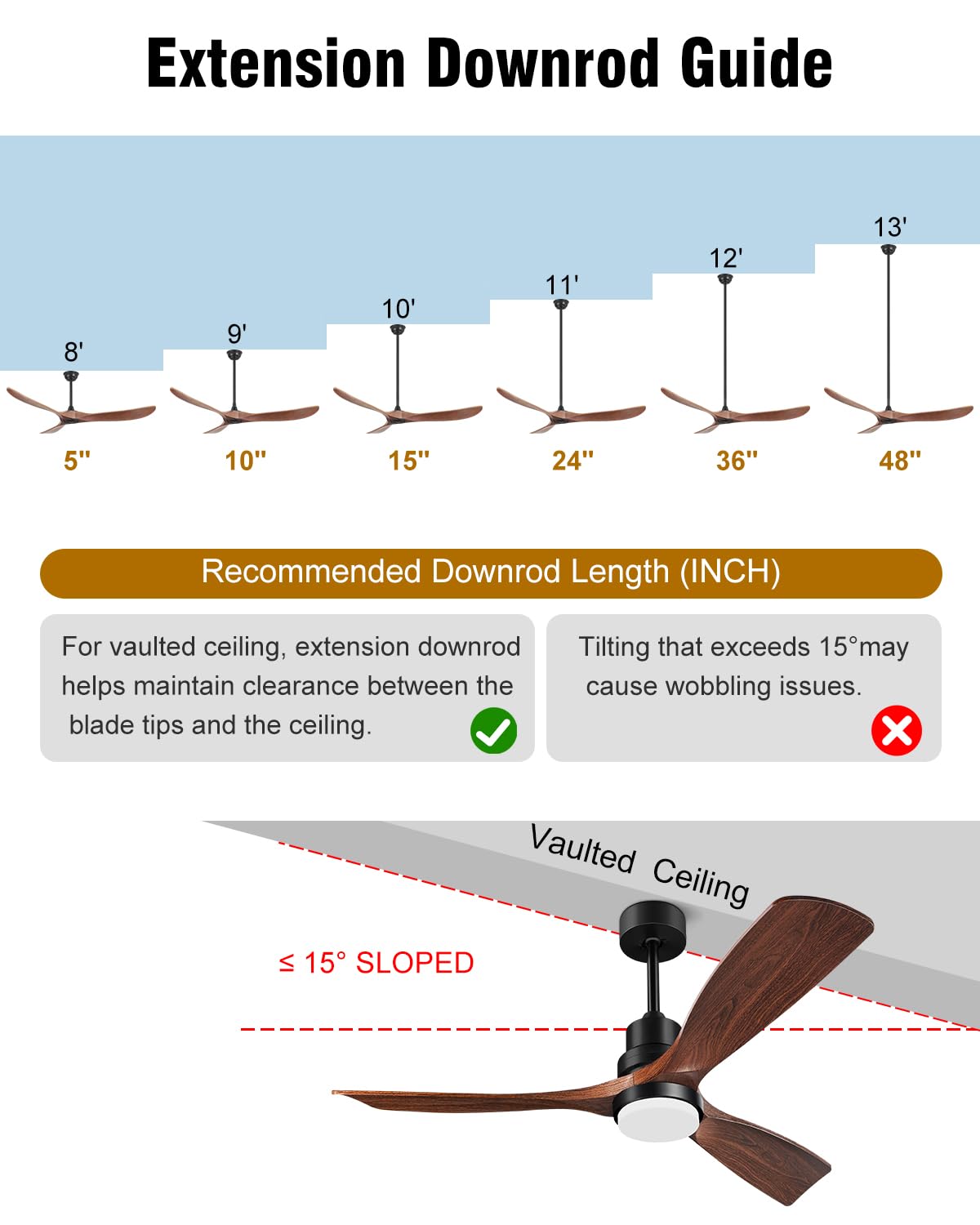 36 Inch Ceiling Fan Downrod with Extension Cord - Adjustable Hanging Rod for Ceiling Fans with Lights - Durable Black Metal Replacement Part - Perfect for Living Room, Bedroom, or Outdoor Patio