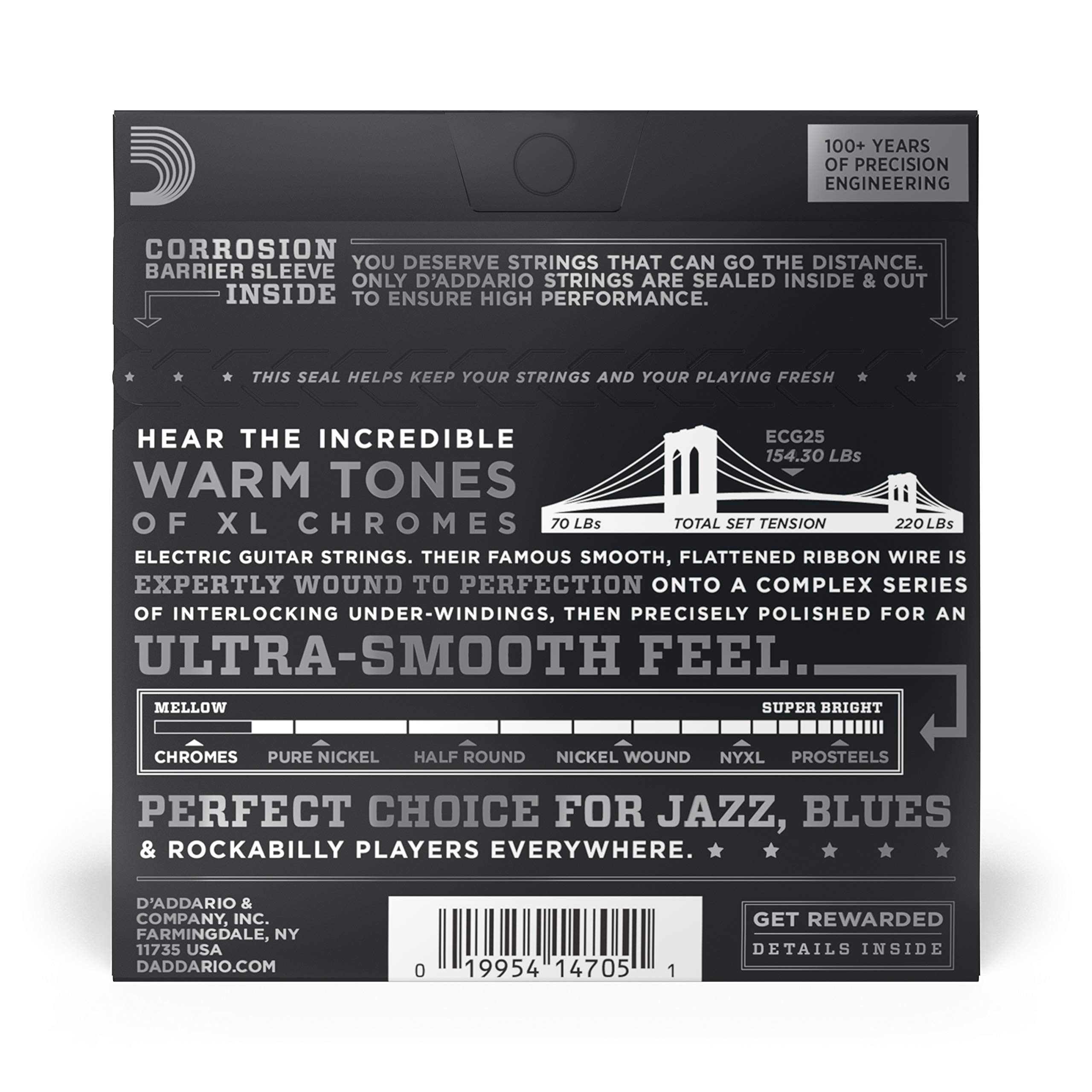 D'Addario ECG25 XL Chromes Electric Guitar Strings - Light Gauge 12-52 | Smooth Playability & Bright Tone for Rock, Blues & Jazz Performances