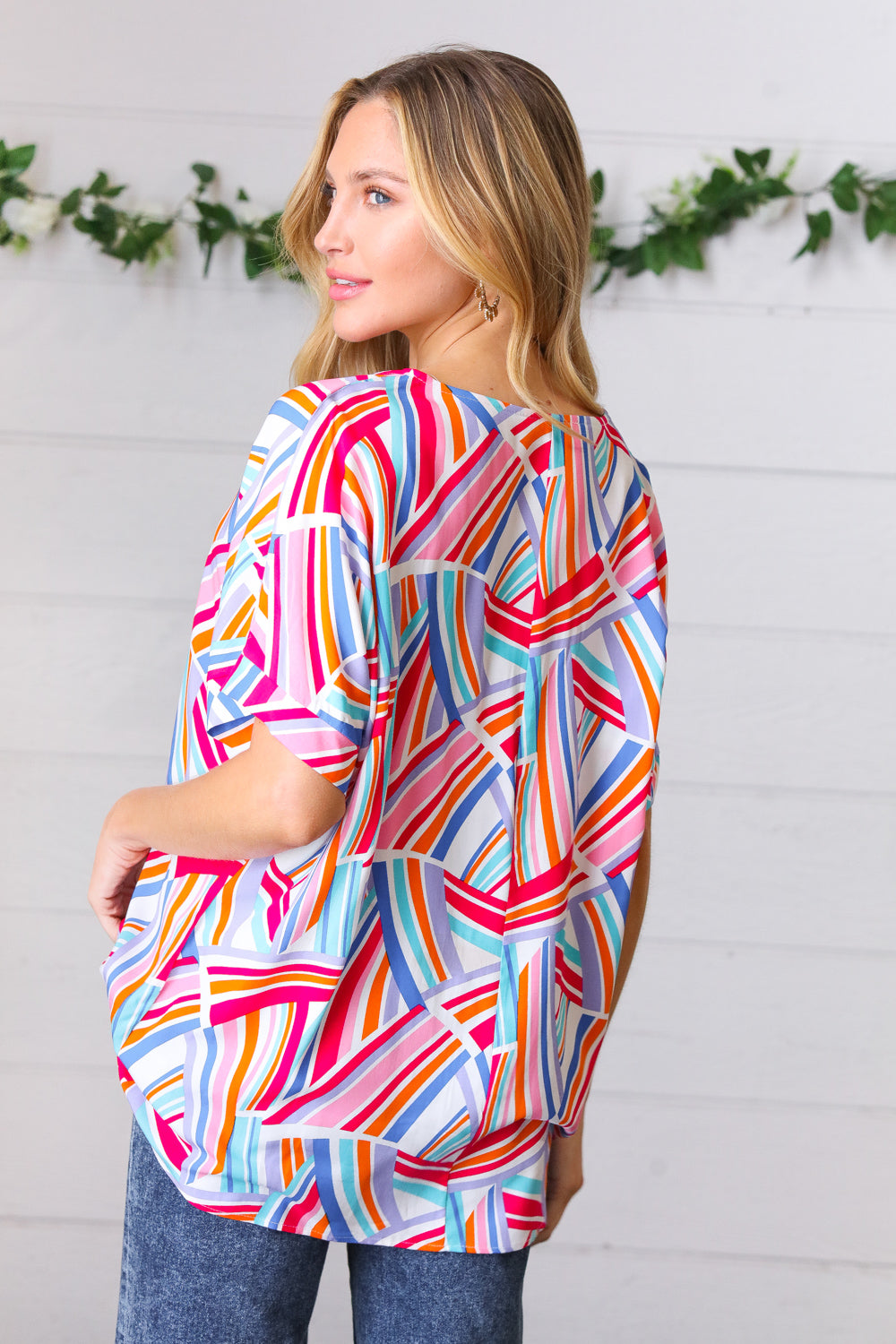 Stylish Blue & Fuchsia Geometric Print Woven Top for Women | Trendy Casual Blouse for Summer Outfits, Office Wear & Date Nights