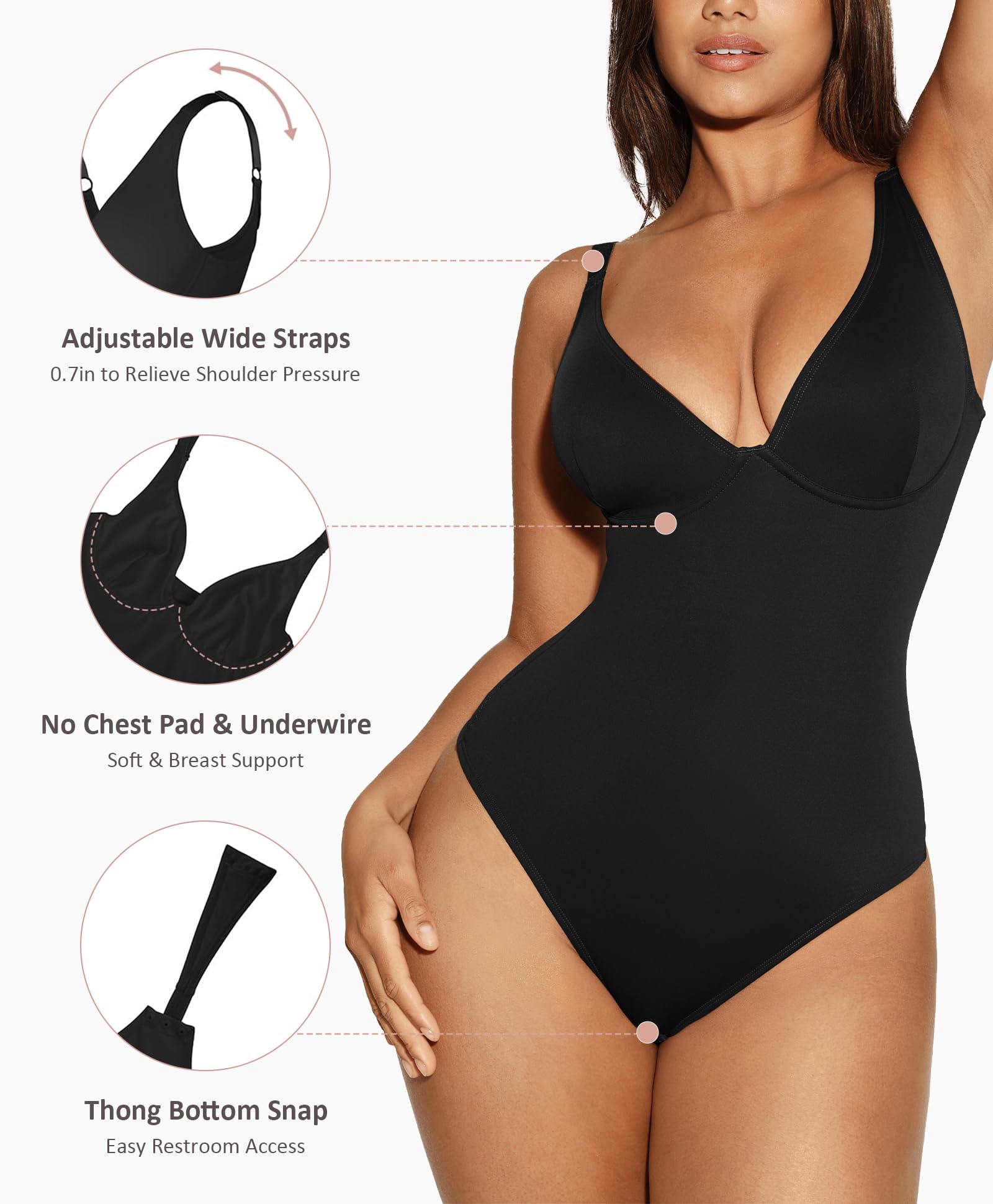 FeelinGirl Women's Tummy Control Shapewear Bodysuit - Deep V Neck Thong Body Shaper for Slimming & Smoothing | Perfect for Dresses, Workout & Everyday Wear