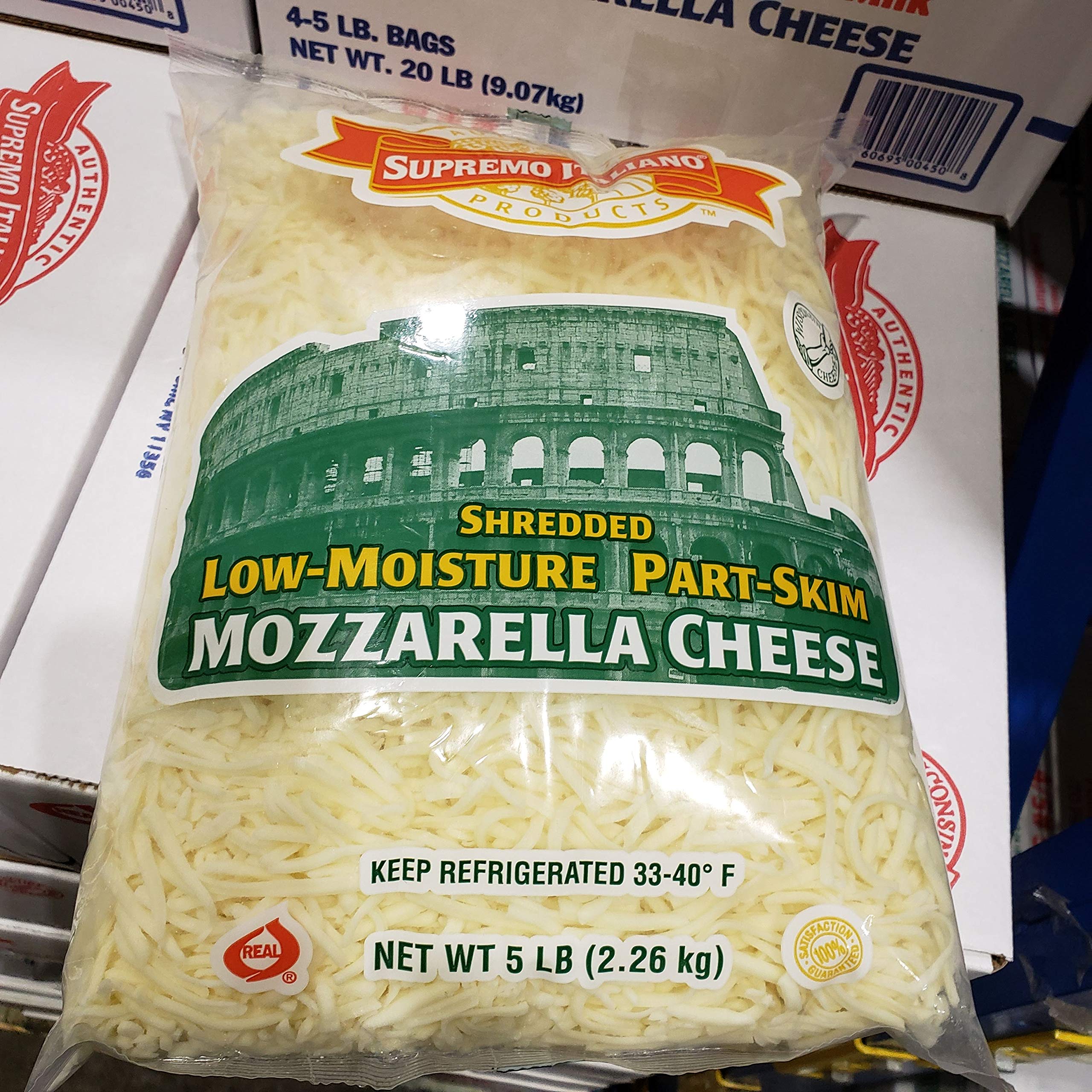 Supremo Italiano Shredded Low-Moisture Part-Skim Mozzarella Cheese 5 lb - Perfect for Pizza, Pasta & Italian Cooking