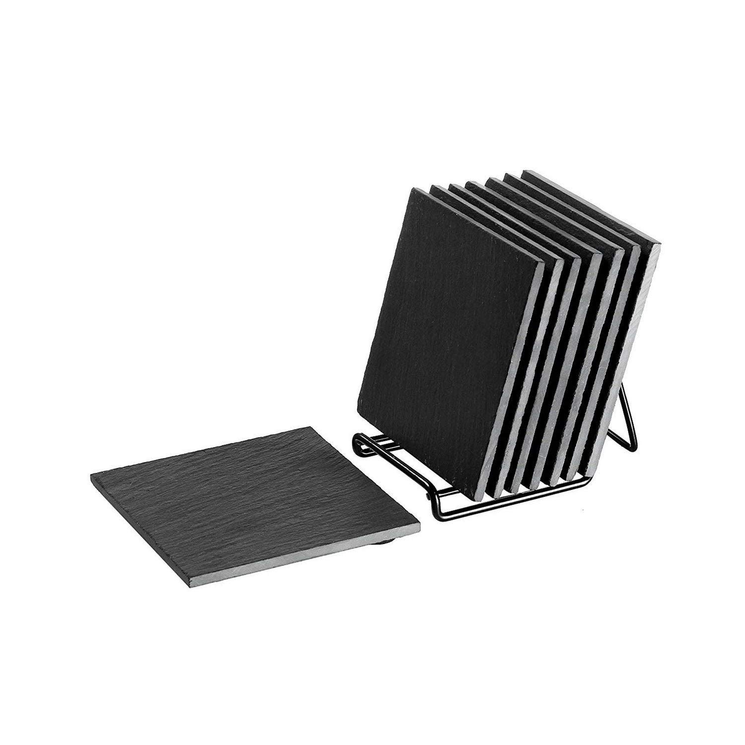 8-Pack Black Square Slate Coasters for Drinks - Absorbent & Durable Stone Coaster Set with Stand - Perfect for Home, Kitchen, Bar, Office & Party Use