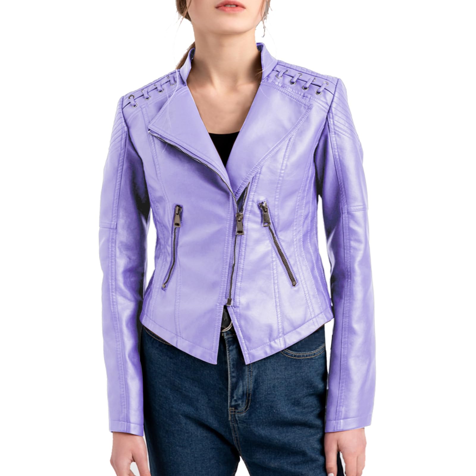 FWAY Women's Faux Leather Jacket - Moto Biker Zipper Short Outerwear for Winter with Shearling Lining | Stylish Cardigan Jacket for Casual Wear, Night Out & Motorcycle Riding