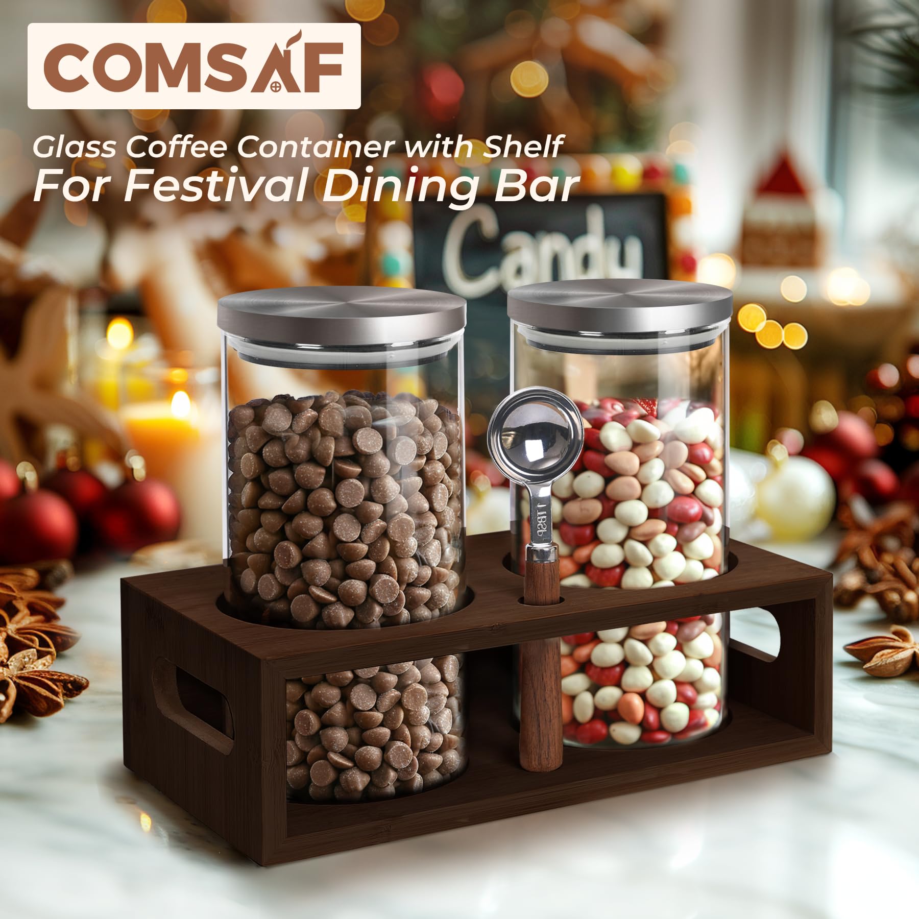 ComSaf 44oz Airtight Coffee Storage Canister with Stainless Steel Lid - 2 Pack Glass Coffee Containers for Ground Coffee & Beans, Includes Metal Scoop & Shelf - Perfect for Coffee Bars, Kitchens & Pantry Organization