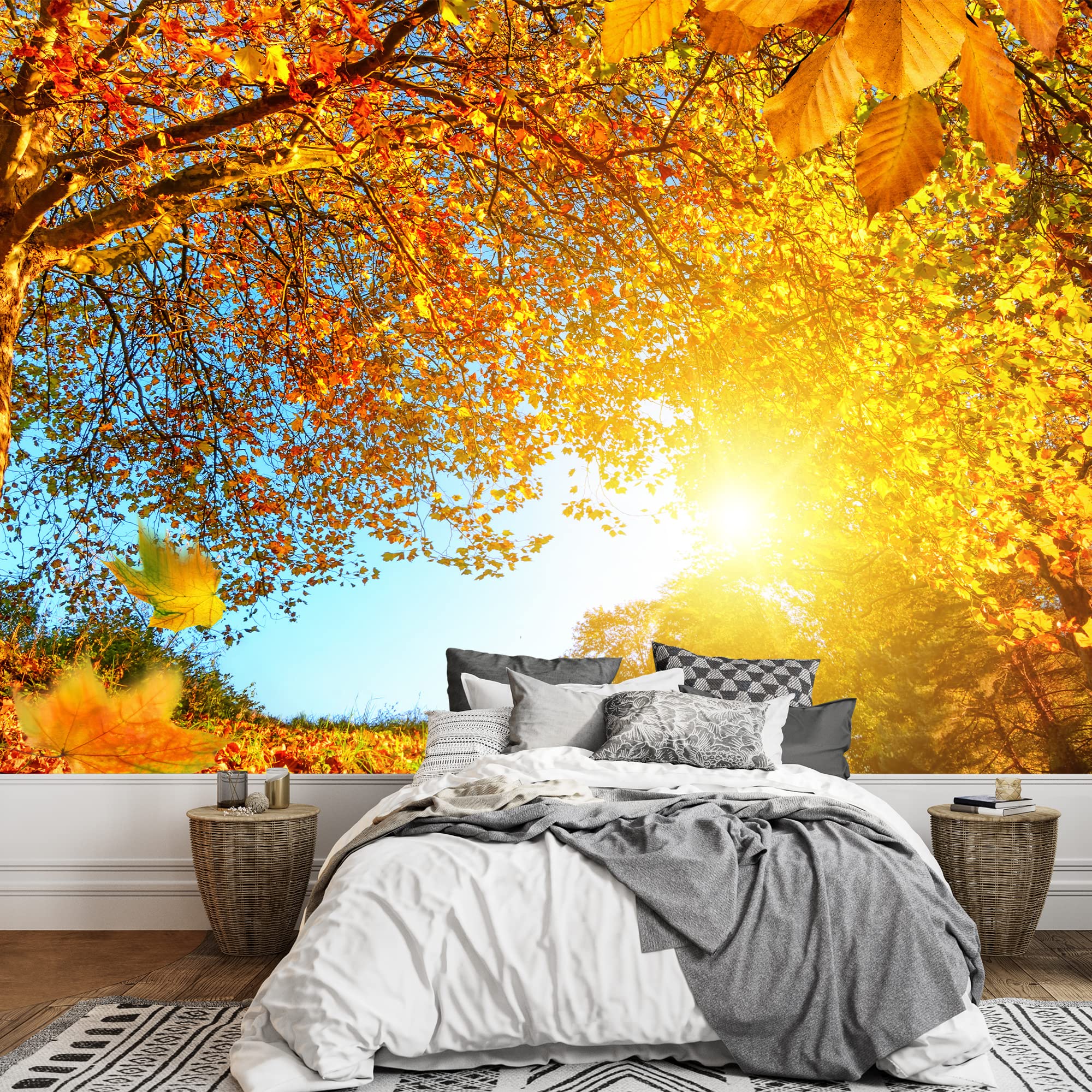 Golden Autumn Scenery Wall Mural - Self-Adhesive Removable Wallpaper with Tree, Falling Leaves, Blue Sky & Sun (100x144 inches) - Perfect for Living Room, Bedroom & Office Decor