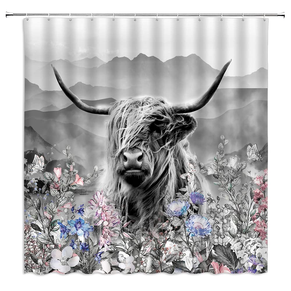 Highland Cow Shower Curtain - Western Wildlife Animal Design with Longhorn Bull & Floral Grass Pattern - Funny Cattle Farmhouse Bathroom Decor with Hooks - Perfect for Rustic, Country or Mountain Themed Bathrooms