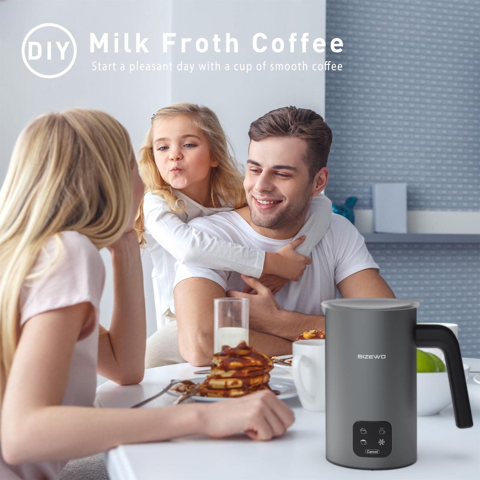 BIZEWO Electric Milk Frother - 4-in-1 Automatic Milk Warmer & Steamer with Touch Screen for Coffee, Latte, Cappuccino - Stainless Steel Warm & Cold Foam Maker for Home, Office, Coffee Shop Use