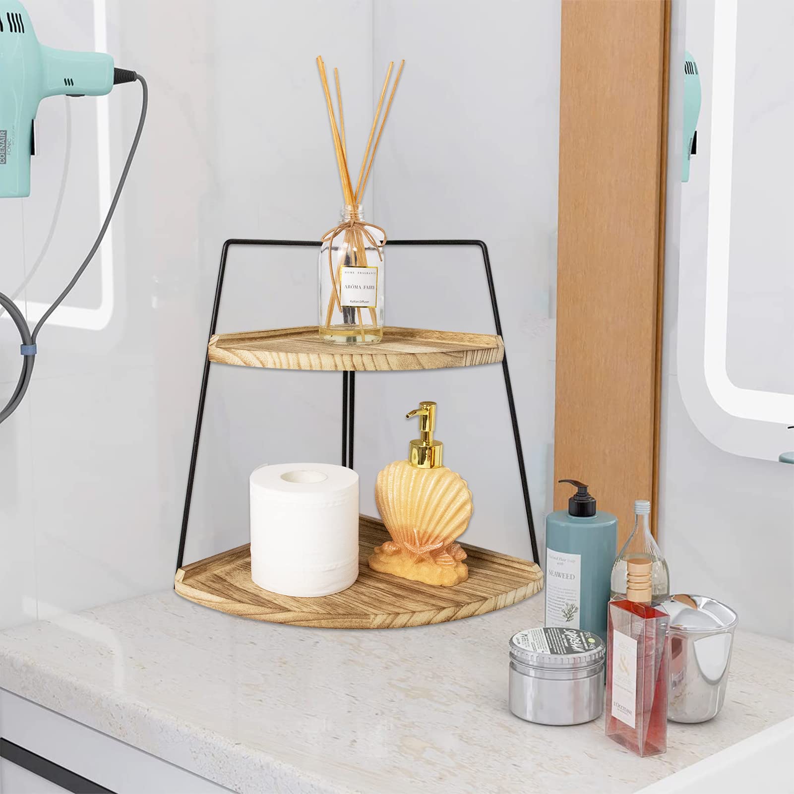 2 Tier Wooden Bathroom Counter Organizer - Standing Cosmetic & Vanity Storage Rack with Tray - Natural Log Color for Bathroom, Bedroom, Dressing Table - Perfect for Organizing Makeup, Skincare & Jewelry