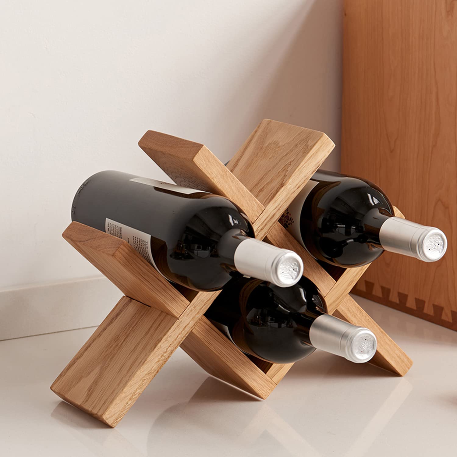 Solid Oak Wood Countertop Wine Rack Holder - 4 Bottle Organizer for Wine, Beer & Drinks - Perfect for Home Bar, Kitchen, Cellar & Basement Storage - Durable & Stylish Wine Display for Entertaining & Dining