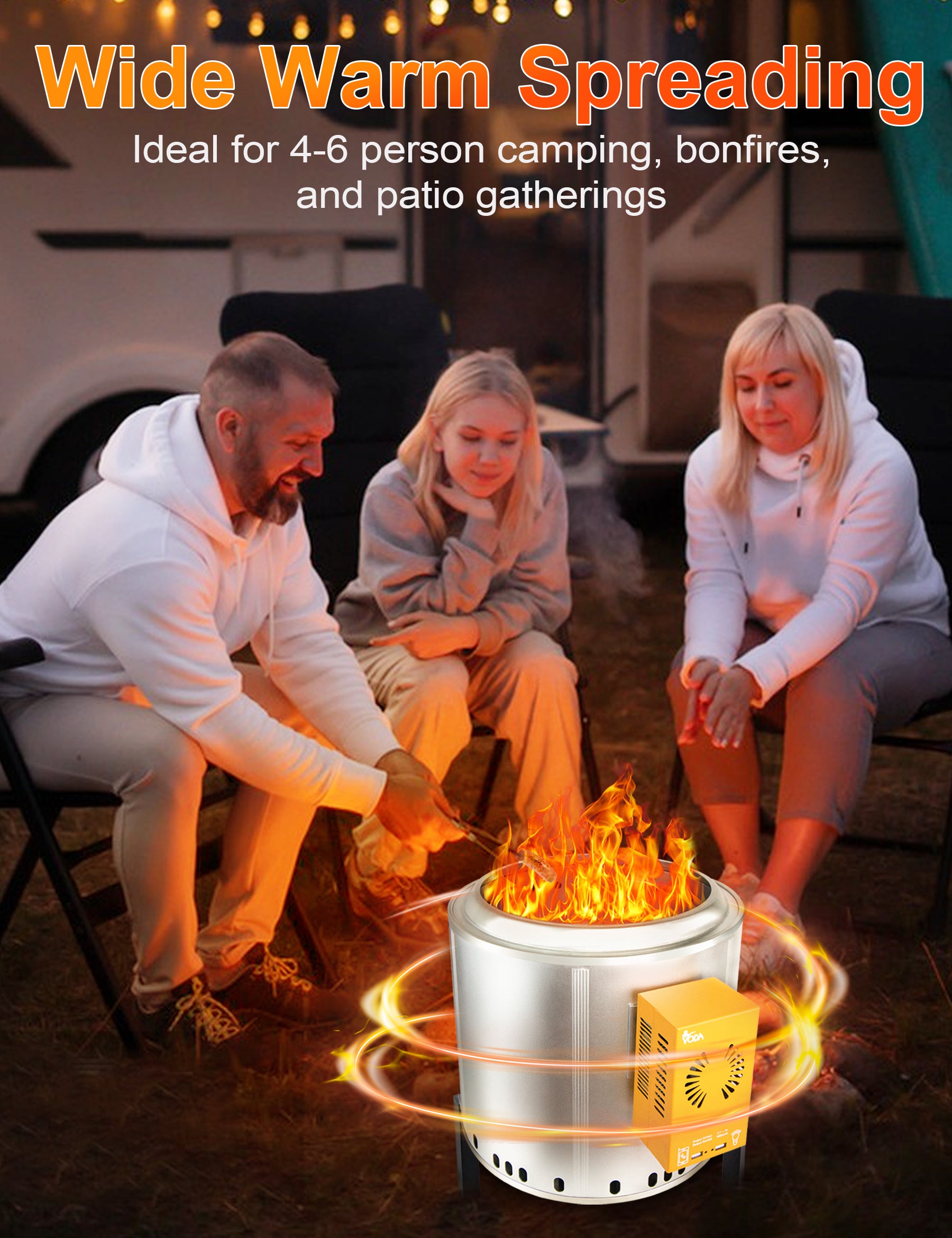 VODA 15'' Large Smokeless Fire Pit with Heat-Powered Generator - Portable Outdoor Camping Fire Pit for Phone Charging & Lighting Power Supply