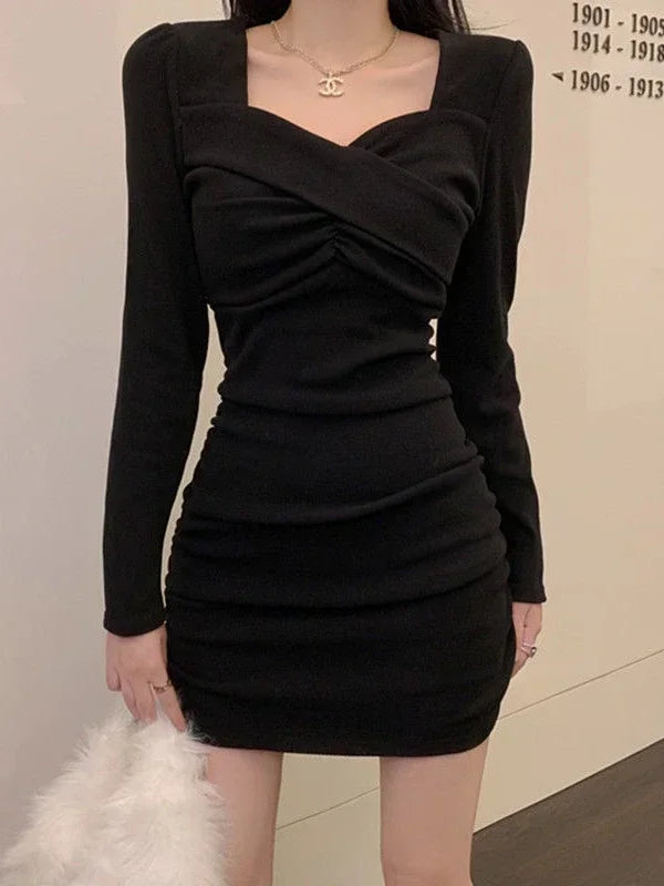 2022 Vintage Black Bodycon Dress for Women - Long Sleeve Wrap Dress for Office, Evening Party & Casual Wear | Elegant Fall Fashion for Work, Date Night & Special Occasions