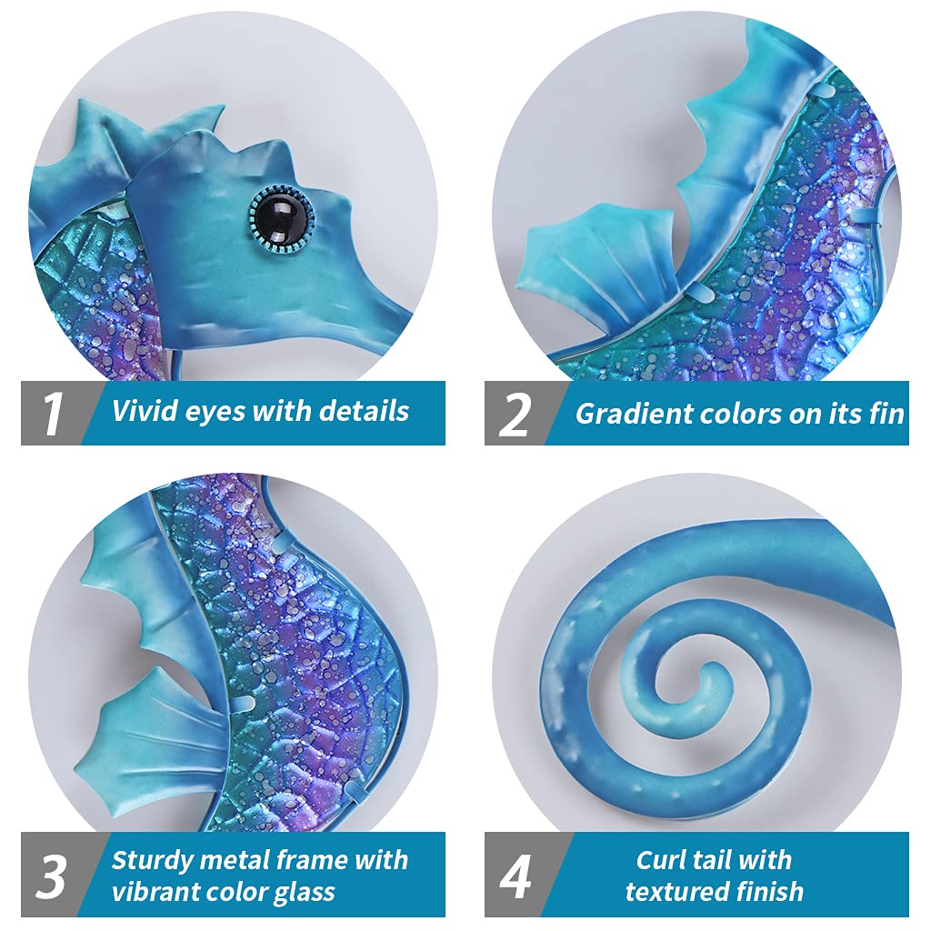 MDLUU Seahorse Wall Decor 14 Inches - Nautical Metal Wall Art, Marine Life Sculpture for Home & Garden - Perfect for Bathroom, Patio, Fence Decor (Blue) | Coastal & Beach House Decorating Idea