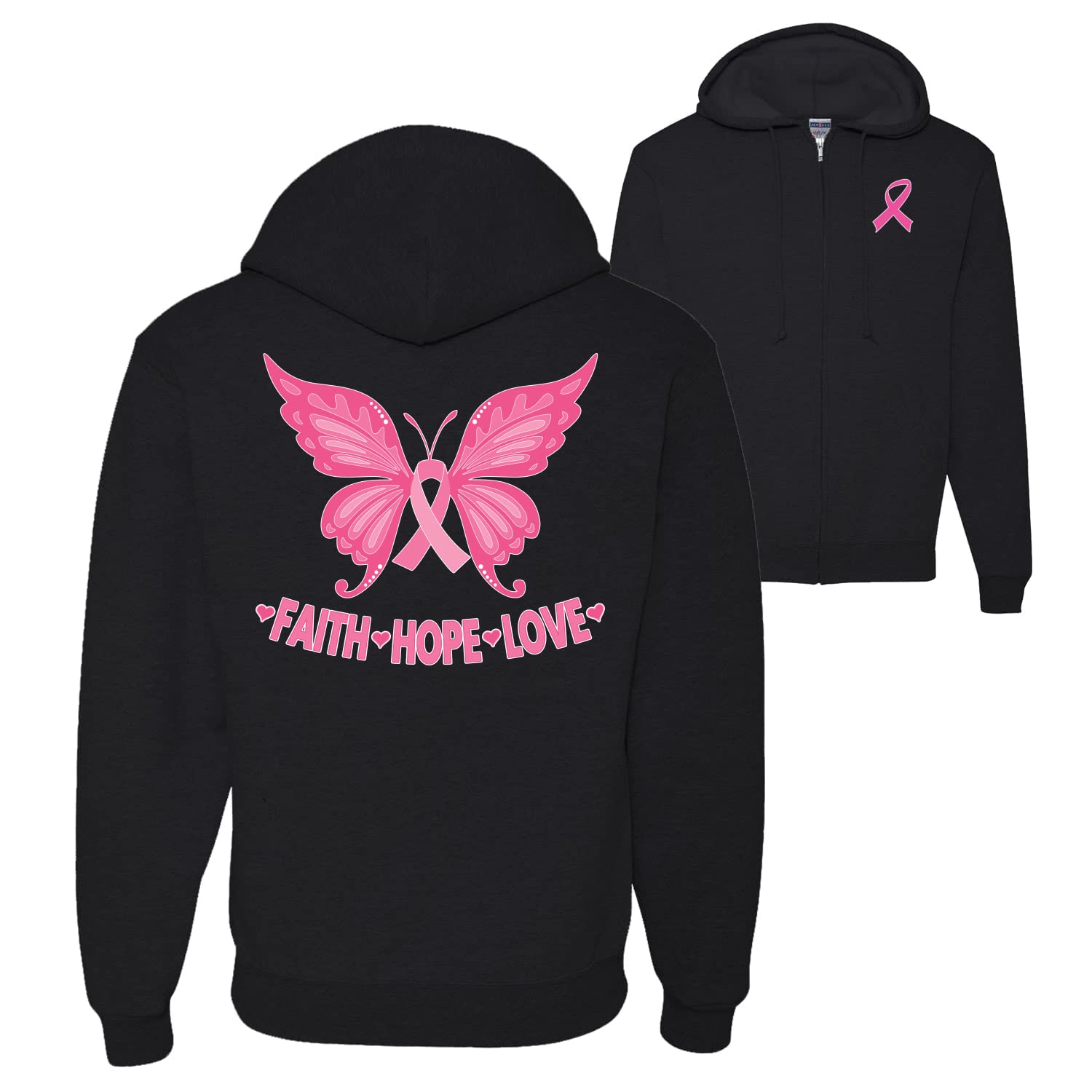 Wild Bobby Pink Ribbon Zip Up Hoodie - Breast Cancer Awareness Sunflower Design, Front & Back Zipper - Comfortable Sweatshirt for Women - Perfect for Fundraising Events, Support Groups & Everyday Wear