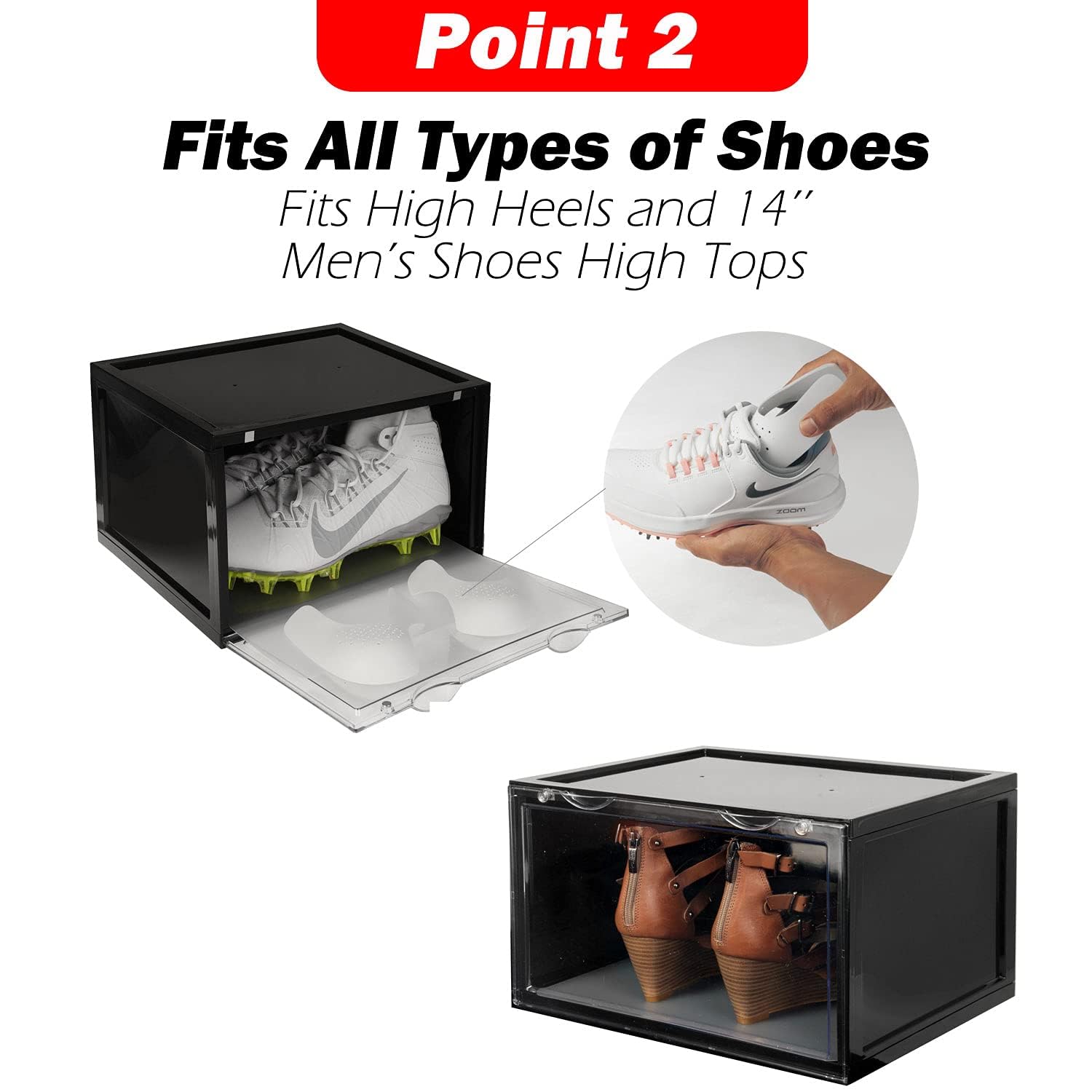 Letusto Premium Clear Plastic Shoe Storage Boxes - 6 Pack Stackable Sneaker Display Case with Lids, Hygiene Pads & Shapers (Black) | Perfect for Organizing Sneakers, Boots & Heels in Closet, Bedroom or Entryway