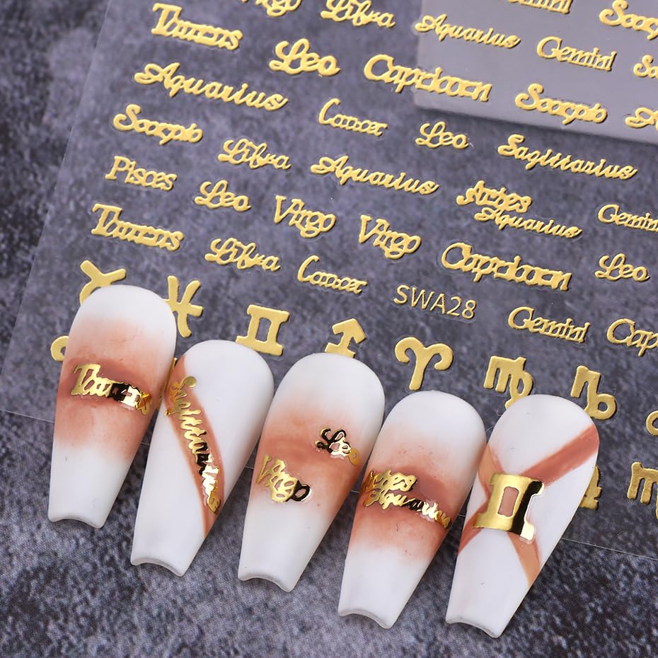 6 Sheets English Letters Nail Stickers - 3D Self-Adhesive Gold Silver Pink Zodiac Constellation Nail Art Decals for Women | Perfect for DIY Nail Art, Parties, Gifts & Salon Use