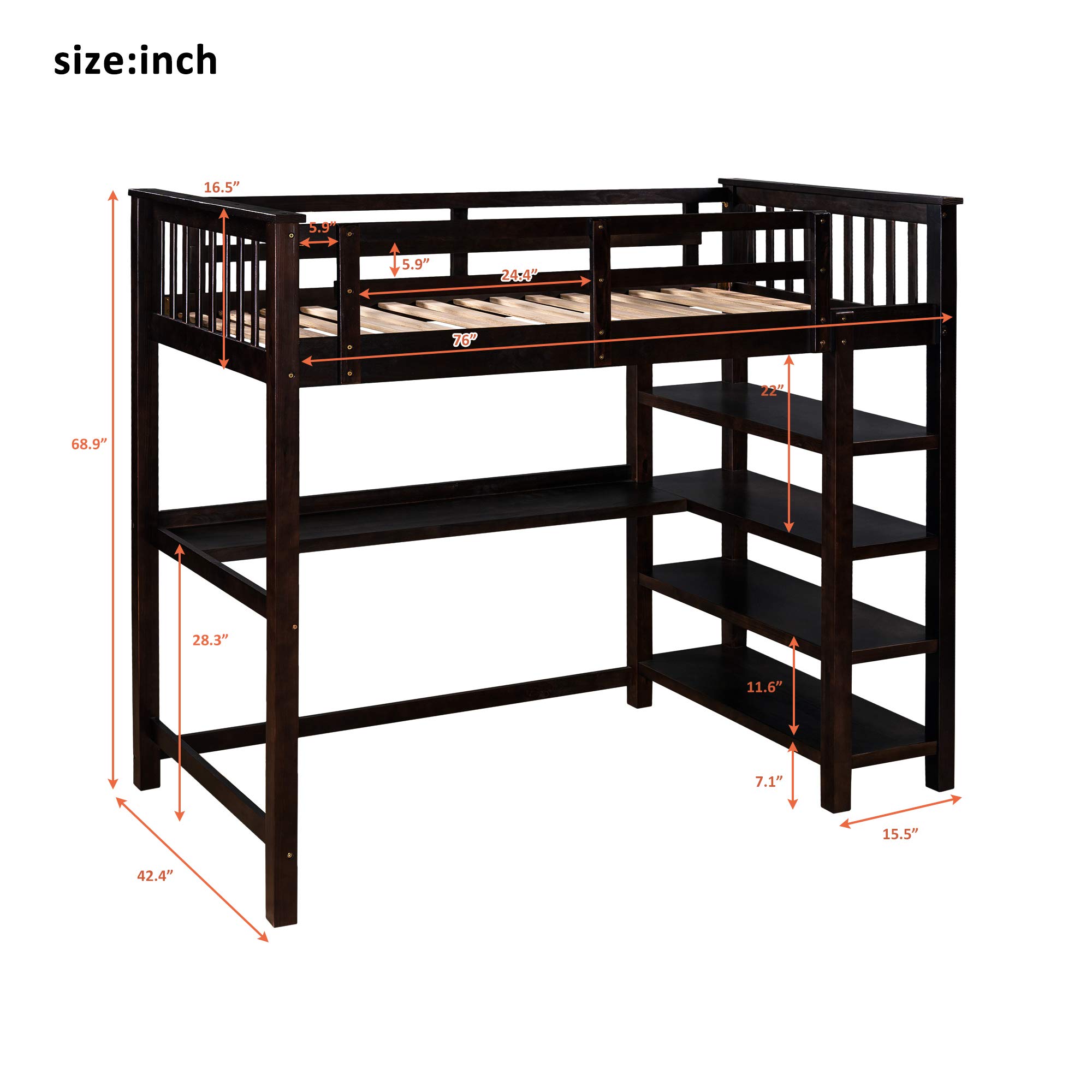 **Wooden Loft Bed Frame with Storage Shelves & Under-Bed Desk - Full-Length Guardrail & Built-in Ladder - Twin Size Espresso Finish - Perfect for Kids, Teens & Adults - Space-Saving Solution for Small Bedrooms, Dorms & Apartments**