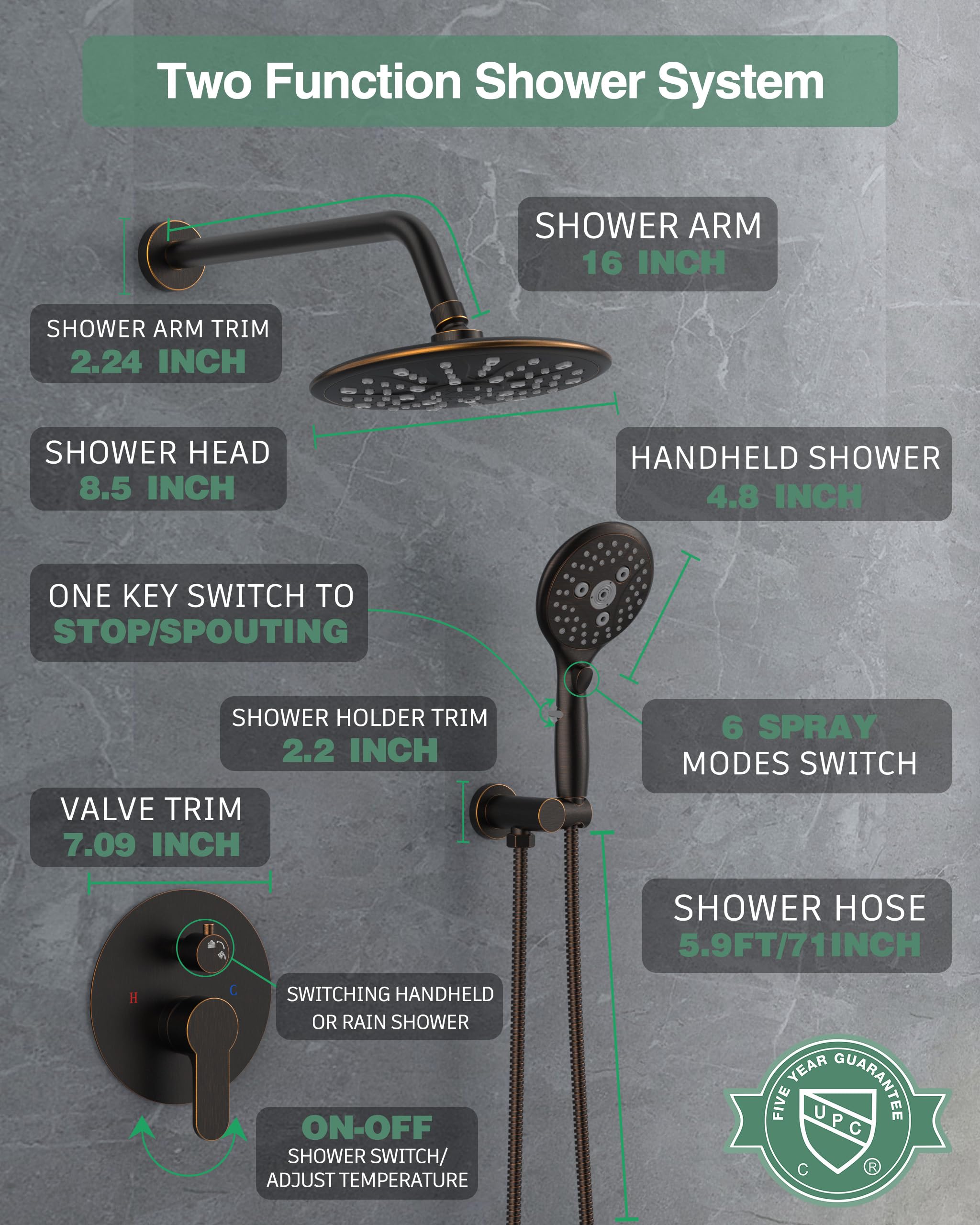 Oil Rubbed Bronze Shower System with Rain Shower Head & 7-Settings Handheld Spray - Complete Faucet Set with Rough-in Valve & Trim Kit - Perfect for Bathroom Renovation & Luxury Spa Experience