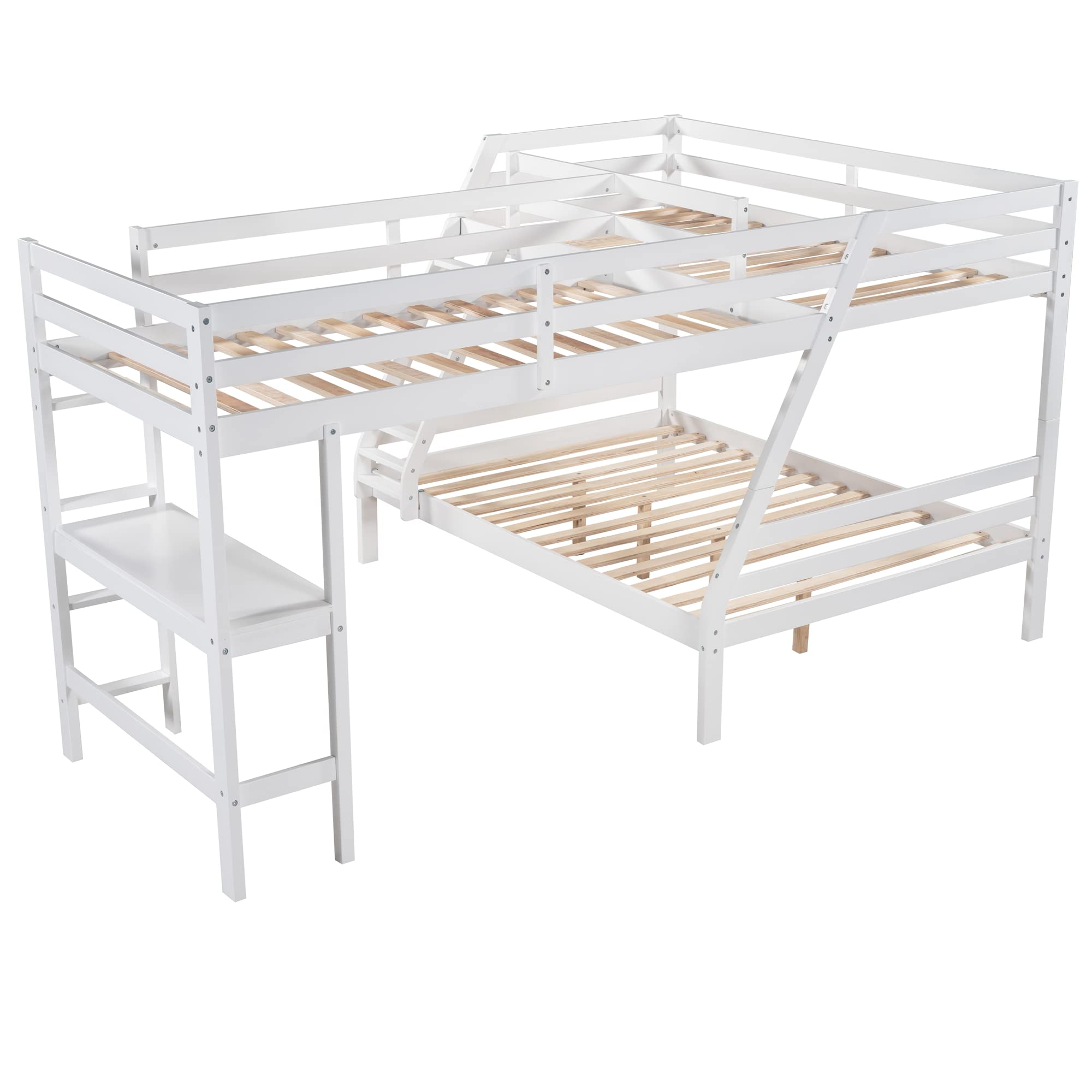 SOFTSEA L-Shaped Corner Bunk Bed with Built-in Desk for 3 Kids - Twin Over Full Triple Bunk Bed & Twin Loft Bed for Teens - Space Saving Kids Bedroom Furniture for Small Rooms, Dorm, or Shared Bedrooms