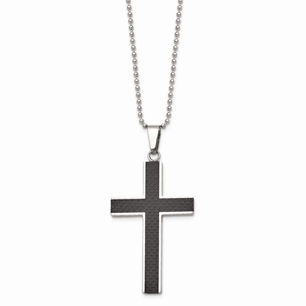 22In Solid Stainless Steel Polished Black Carbon Fiber Inlay Cross Necklace for Men - Perfect for Everyday Wear, Gifts & Religious Occasions