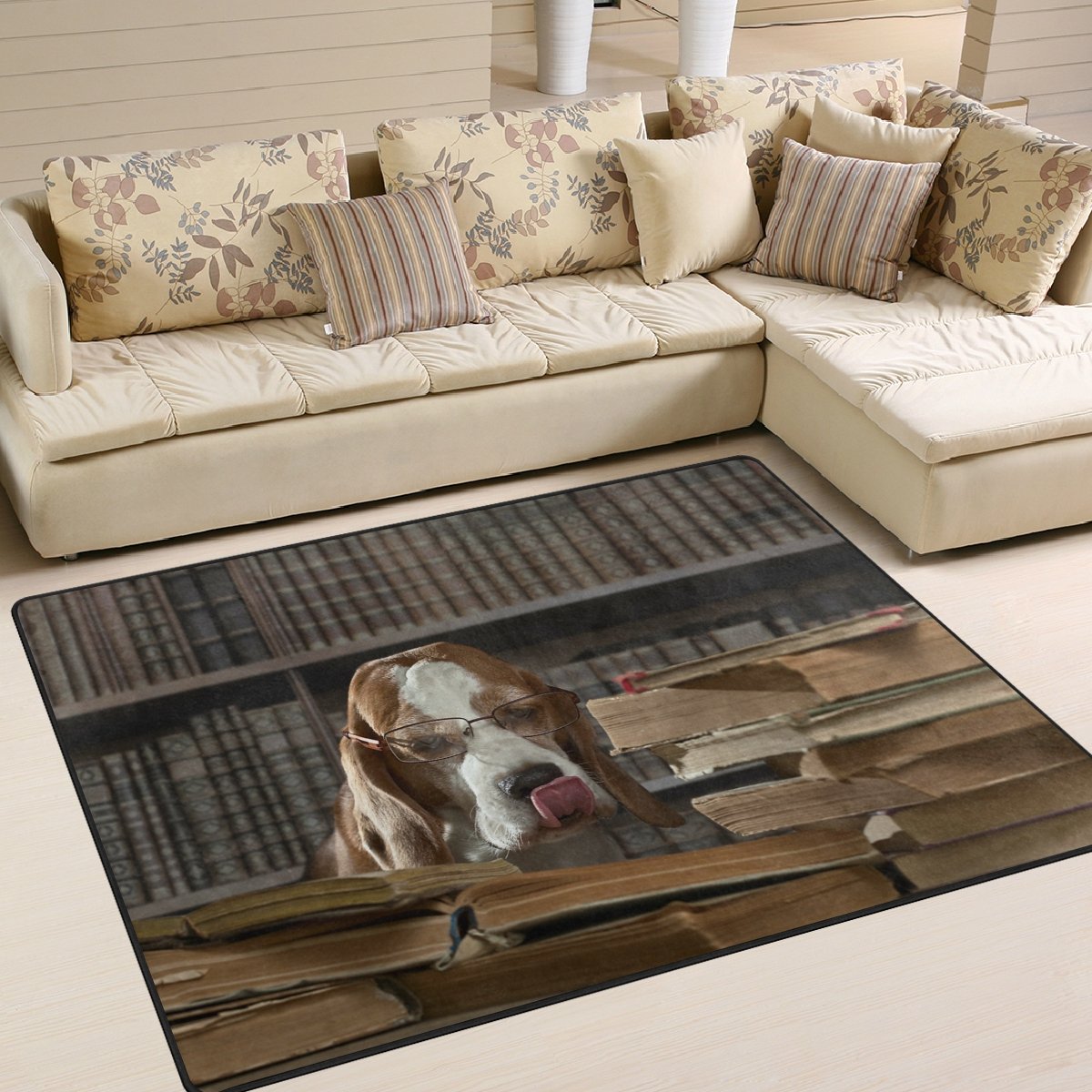 ALAZA Library Smart Dog Studying Old Book Area Rug - 5'3 x 4' Non-Slip Living Room & Bedroom Carpet - Perfect for Study Rooms, Home Offices & Pet-Friendly Spaces
