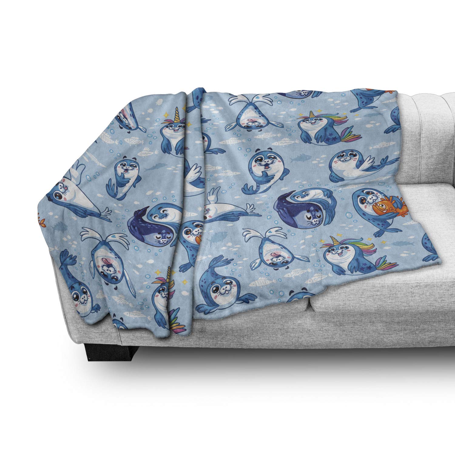 Ambesonne Sea Animals Fleece Blanket - Seal Pup Ocean Wildlife Design with Water Bubbles, Soft Flannel Throw Blanket for Couch, Bed, Sofa - 60