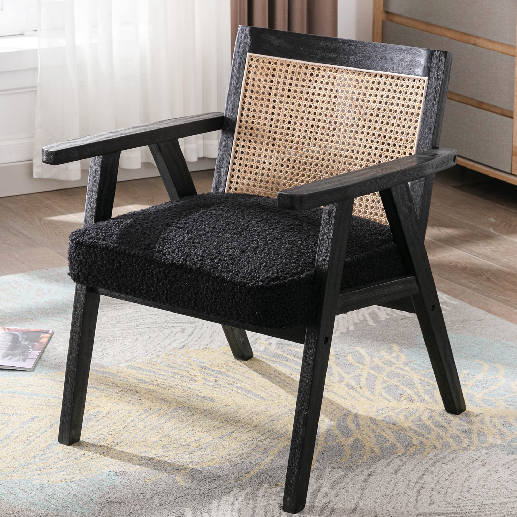 Modern Rattan Accent Chairs Set of 2 - Boho Style Cane Back Armchairs with Black Boucle Sherpa Upholstery, Oversized Cozy Reading Chairs with Wood Frame for Living Room, Bedroom, Nursery or Office - Perfect for Relaxing, Reading and Home Decor