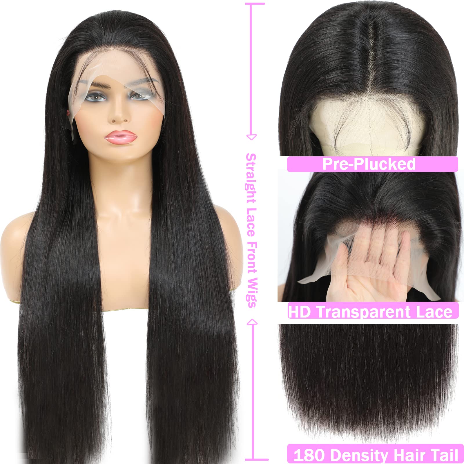 13X6 Lace Front Wigs Human Hair - Pre Plucked with Baby Hair, 30 Inch Straight Glueless HD Lace Wig, 180 Density Transparent Lace Frontal for Women (Natural Black) - Perfect for Daily Wear, Cosplay & Special Occasions
