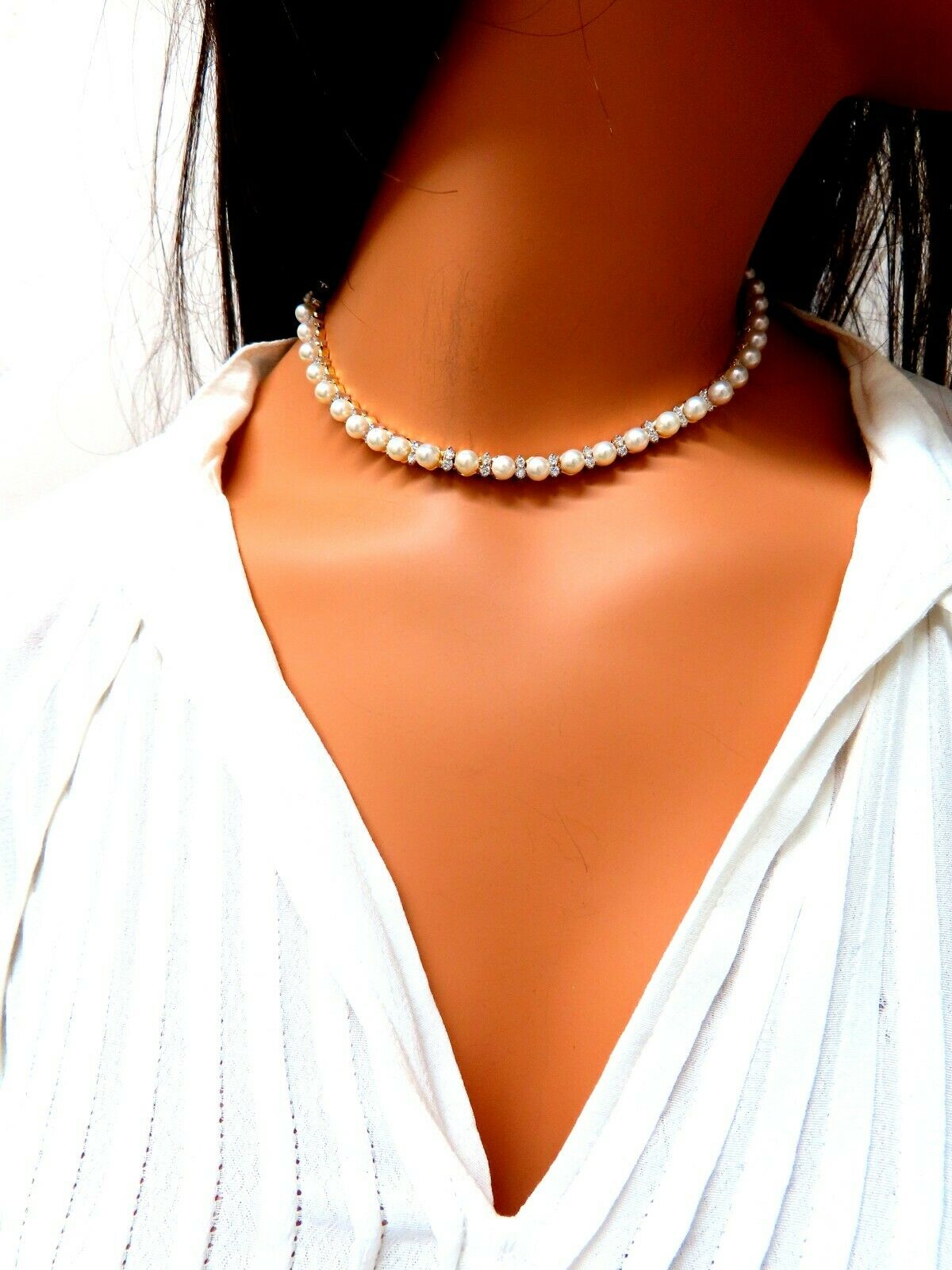 3.03 Carat Natural Akoya Pearl & Diamond Riviera Necklace in 14K Gold - Elegant Jewelry for Weddings, Anniversaries & Special Occasions