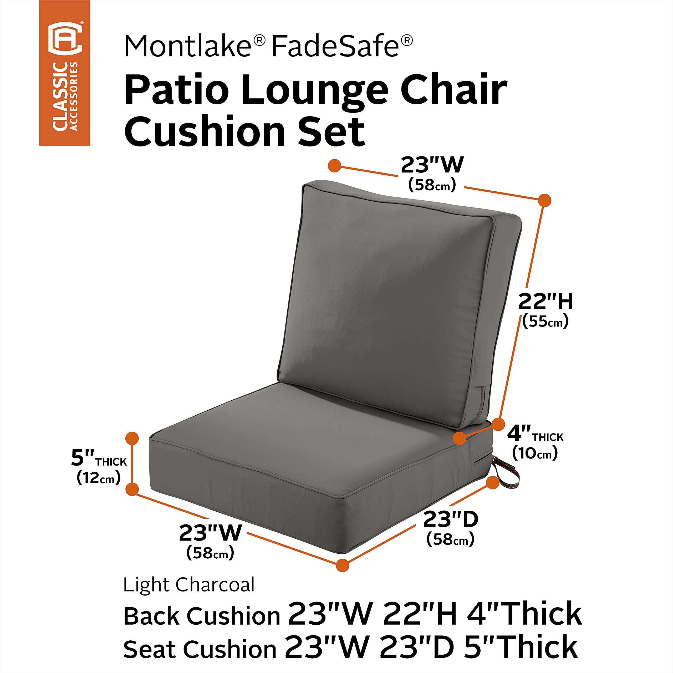 Classic Accessories Montlake FadeSafe Patio Lounge Chair Cushion Set - 23 x 45 Inch, Light Charcoal - Perfect for Outdoor Furniture, Poolside Lounging, and Garden Relaxation