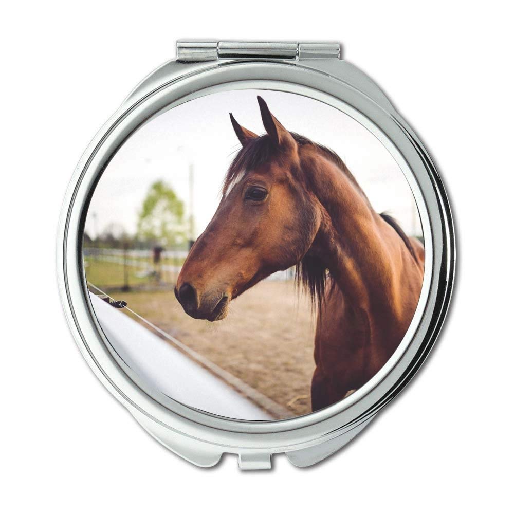 Portable Compact Mirror with Animal Brown Horse Design - Pocket-Sized Travel Mirror for Makeup, Touch-Ups & On-the-Go Use