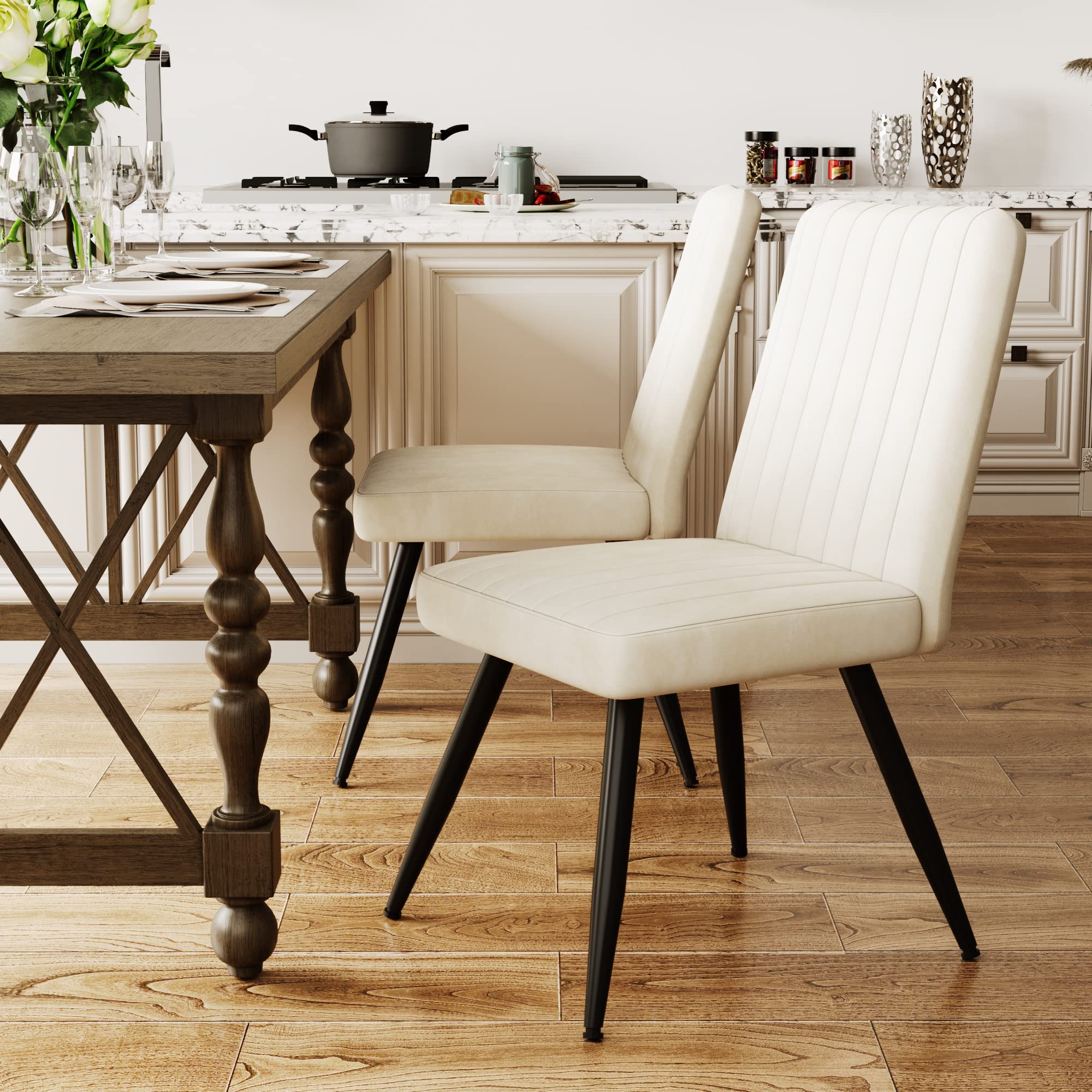 Aklaus Velvet Dining Chairs Set of 2 - Modern Upholstered Armless Side Chairs with Soft Seat for Kitchen, Dining Room, Living Room, Bedroom, Restaurant & Bistro - Comfortable Beige Accent Chairs for Home Decor and Entertaining Guests