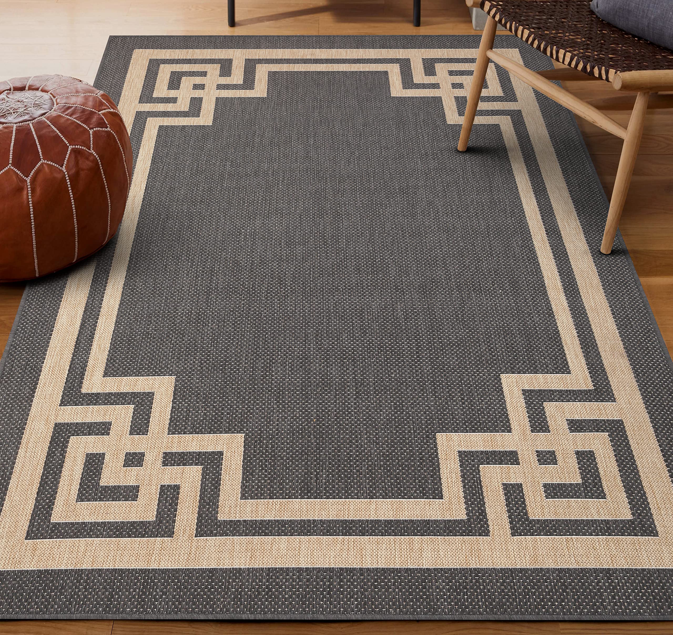 5x7 Gray Modern Bordered Indoor/Outdoor Area Rug - Weather Resistant & Durable for Porch, Deck, Balcony, Backyard, Patio - Perfect for Outdoor Entertaining & Home Decor