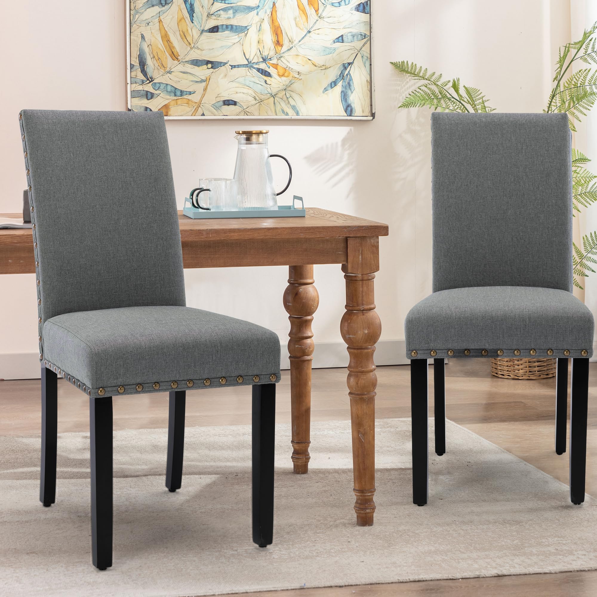 LSSBOUGHT Set of 2 Grey Upholstered Dining Chairs with Studded Nailhead Trim & Sturdy Wooden Legs - Elegant Parson Chairs for Dining Room, Kitchen, or Home Office
