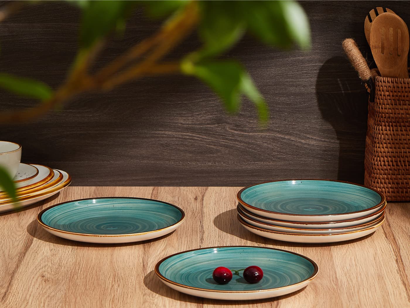 ONEMORE 8.5 inch Salad Plates & 10.5 inch Dinner Plates Set - Microwave, Oven & Dishwasher Safe Ceramic Dinnerware - Teal Blue for Home Dining, Parties & Restaurant Use